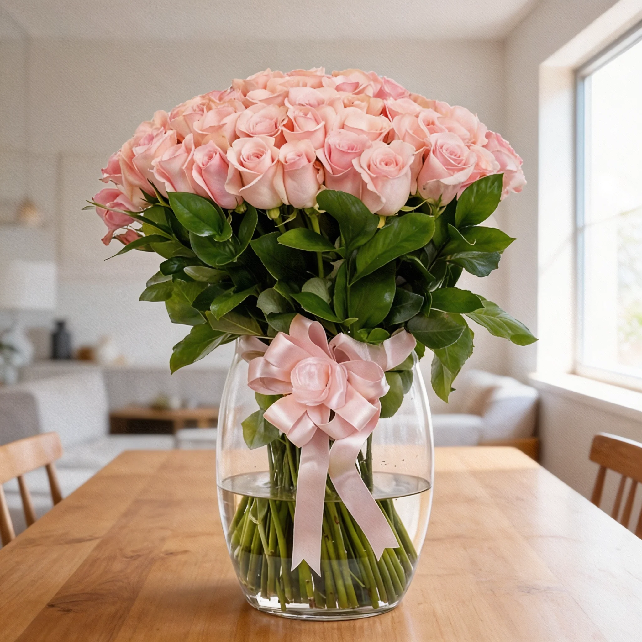 50 Pink Roses Bouquet with Greens in vase 50 Pink Roses Bouquet with Greens in vase