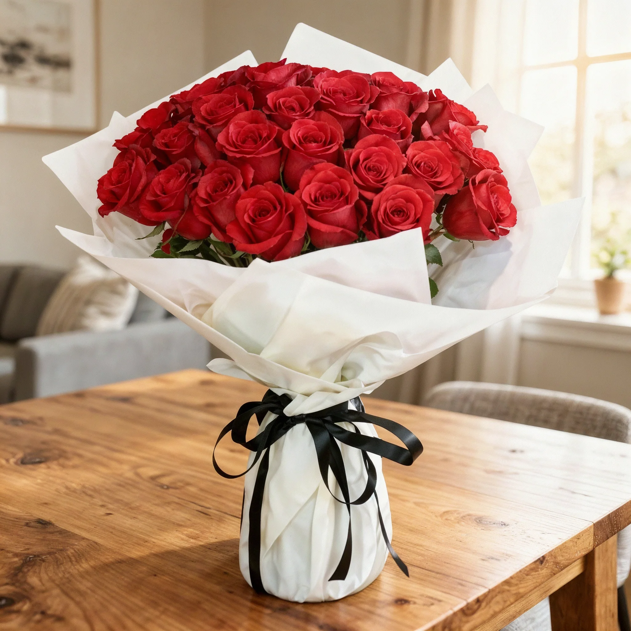 Romantic 30 red roses wrapped in bold red paper
