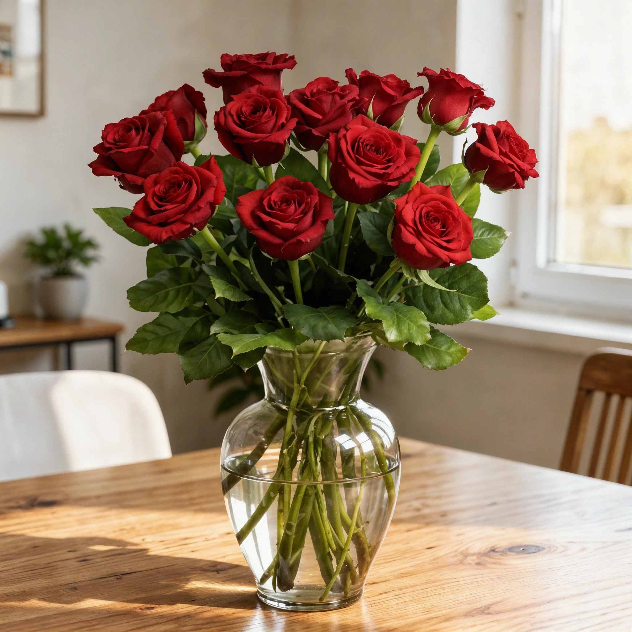 12 classic red roses in a glass vase