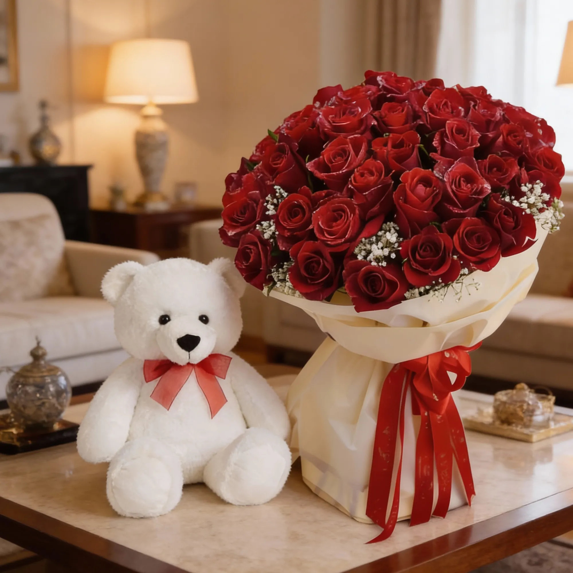 50 Red Roses & Teddy