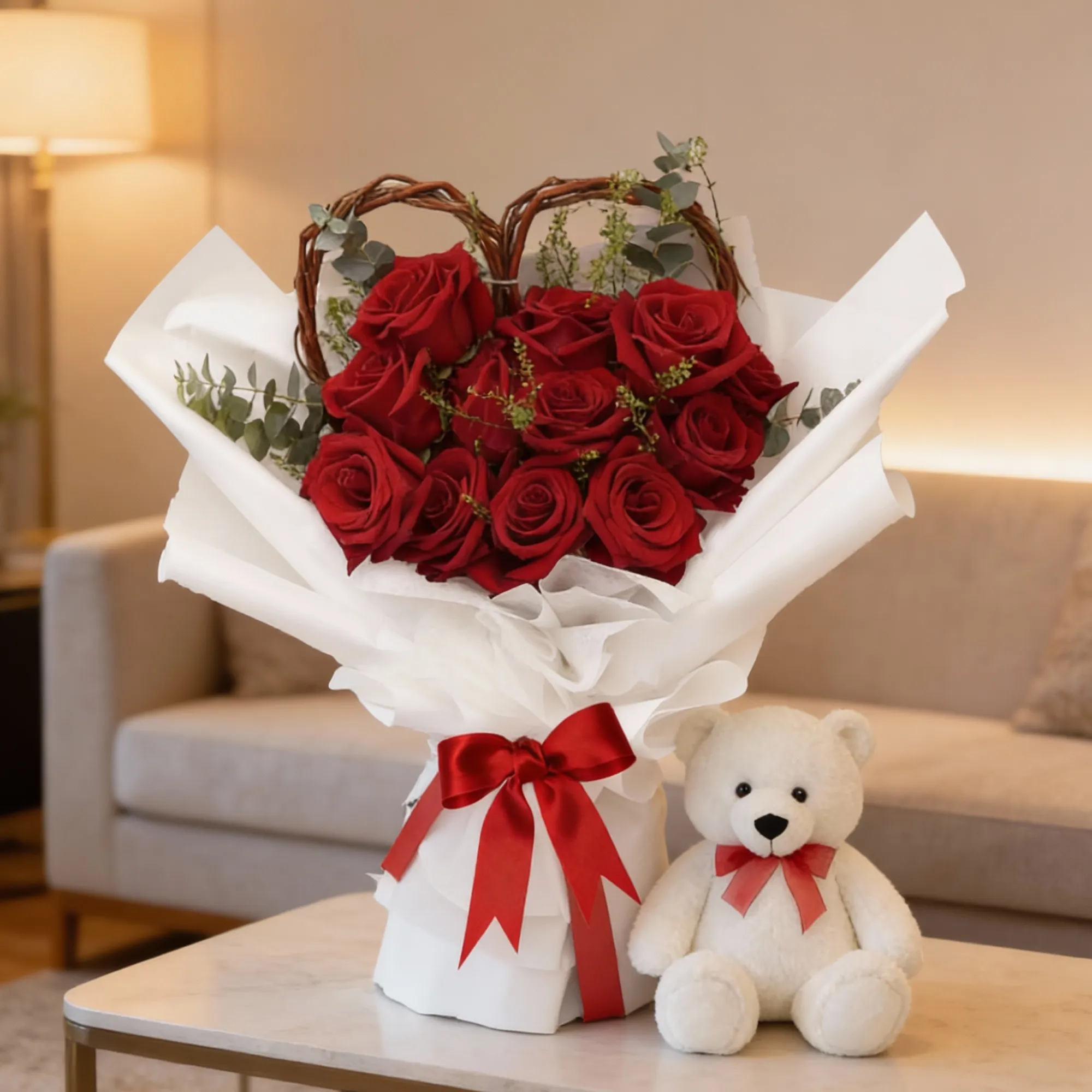 10 Red Roses & 15 Inch Teddy Bear