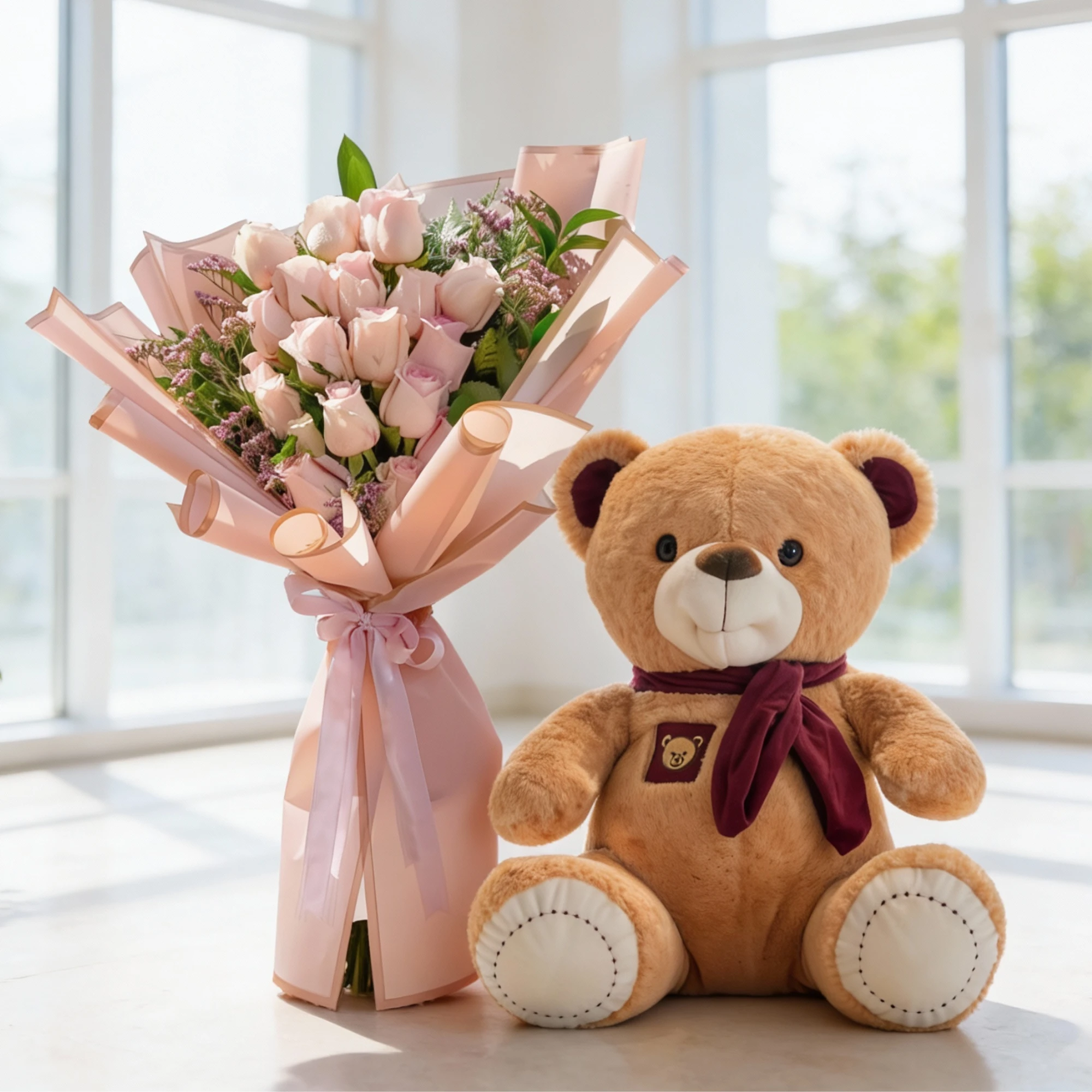 12 Pink Roses & Teddy