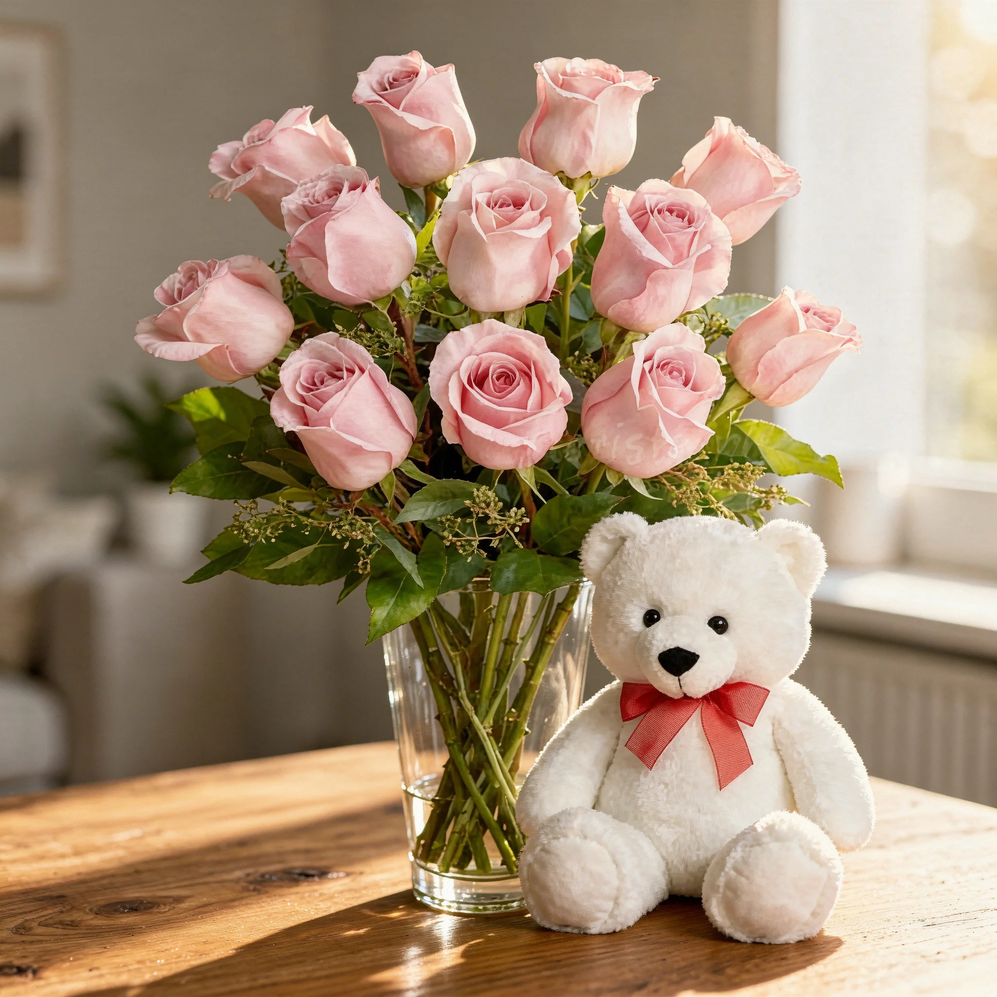 10 Pink Roses & Teddy