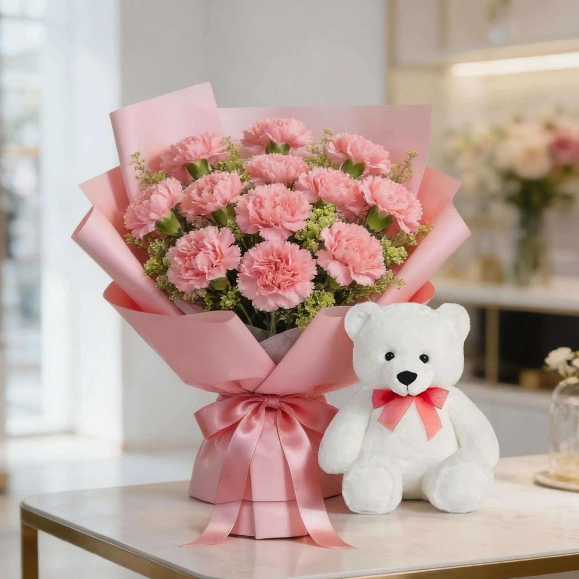 10 Pink Carnations bouquet & 6-inch Teddy bear