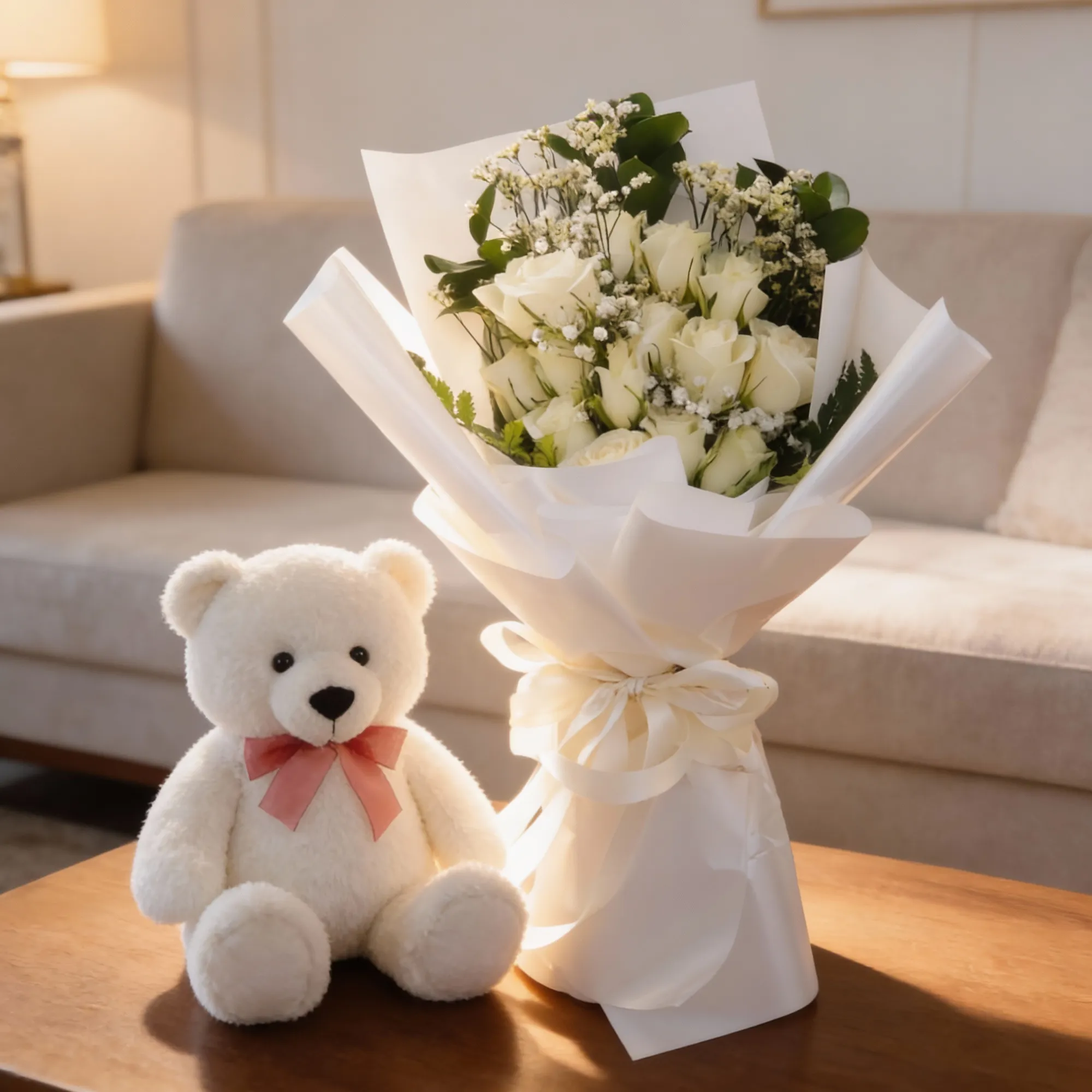 12 White Roses & 6-inch Teddy bear