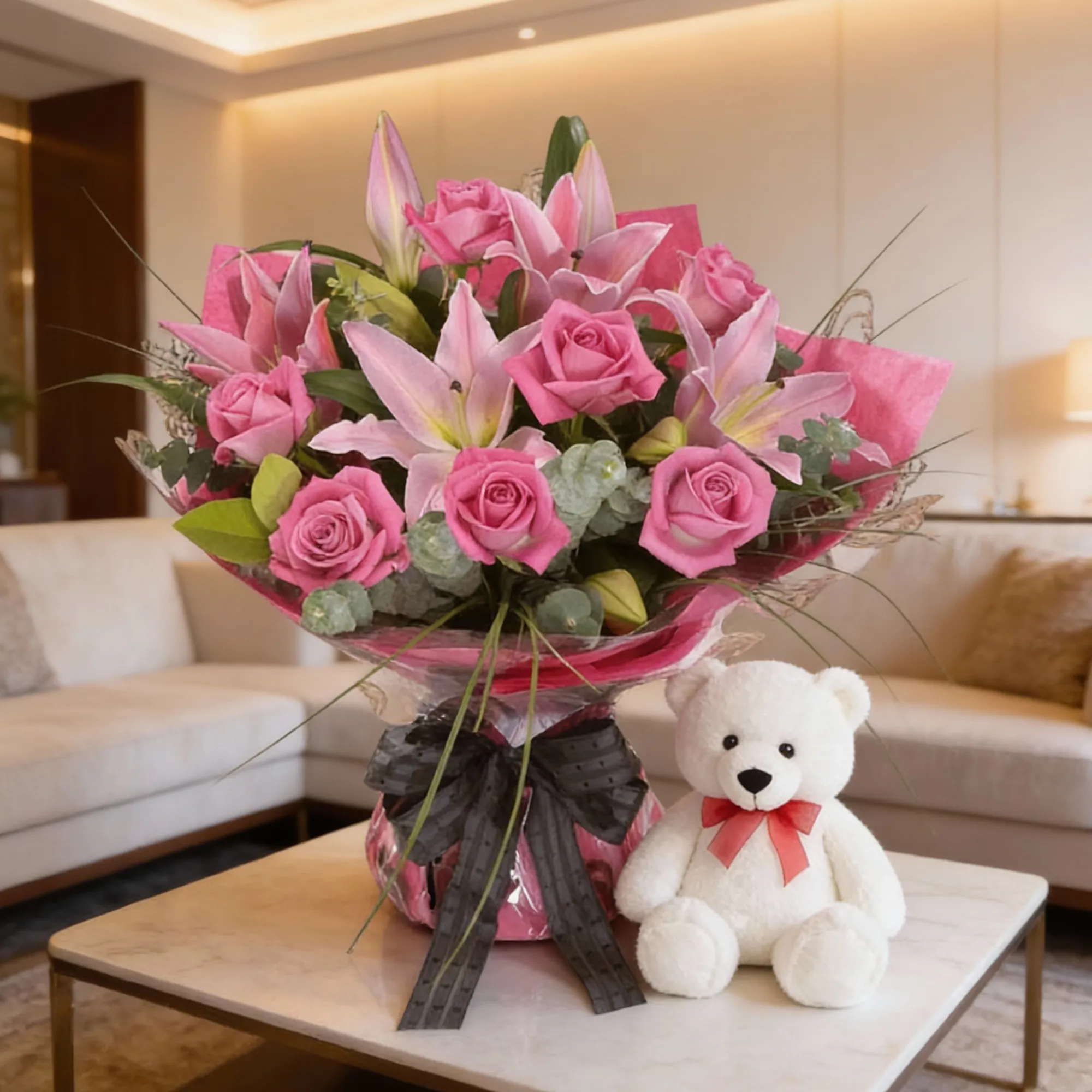 2 pink lilies and 8 pink roses with lush greens, wrapped in pink paper, paired with a 12-inch teddy bear