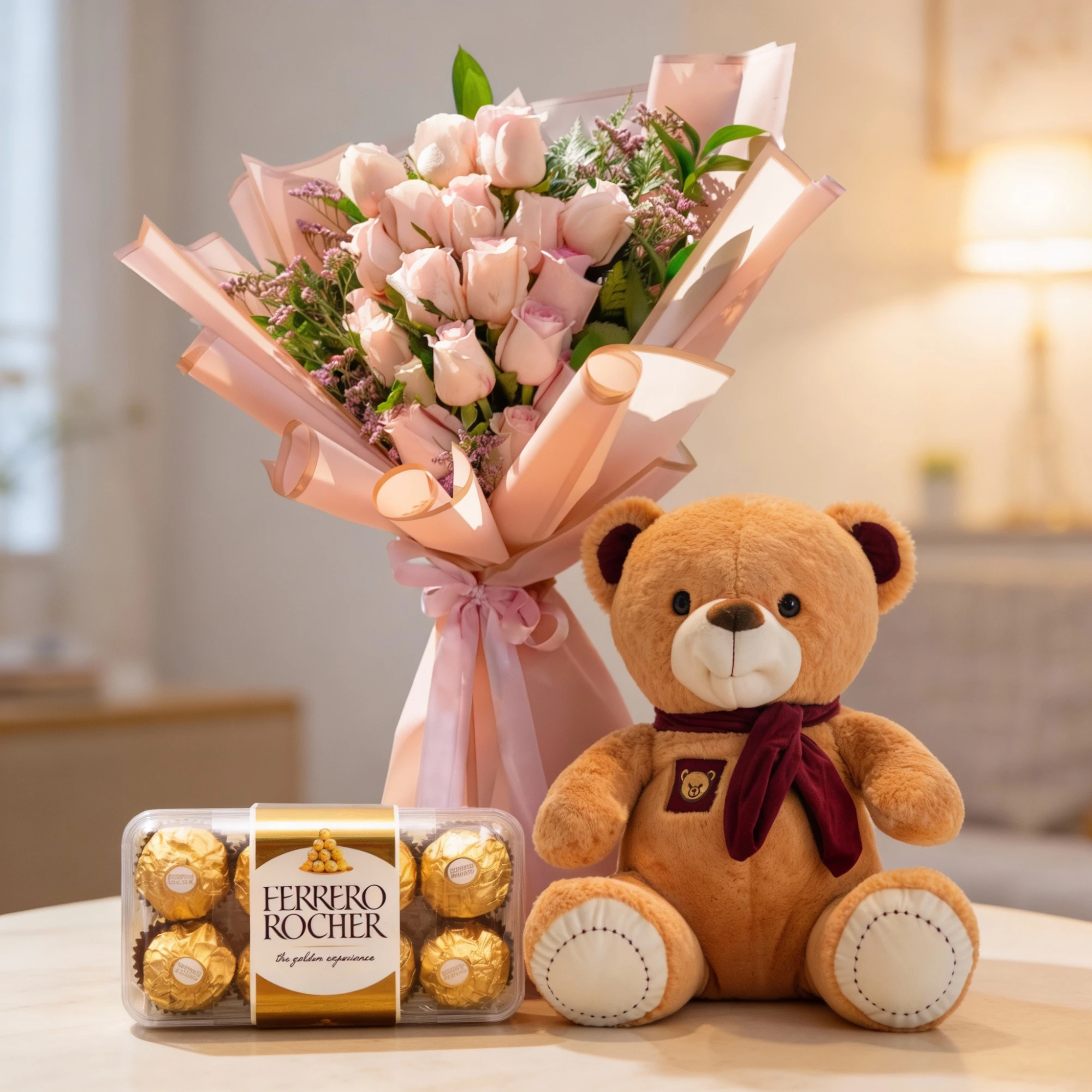 20 pink roses with 16 pcs Ferrero Rocher chocolates and a small teddy bear