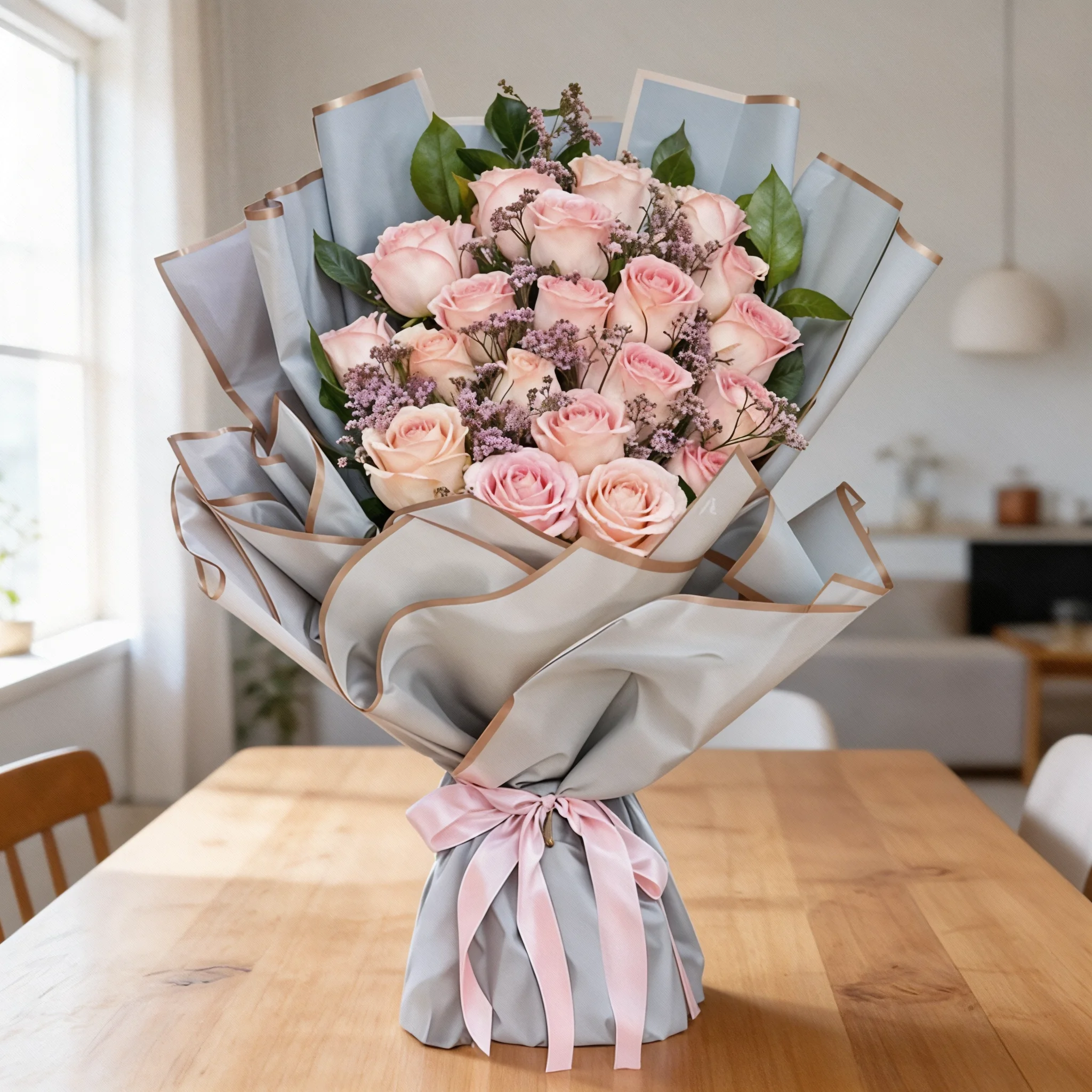 20 pink roses with fillers wrapped in paper