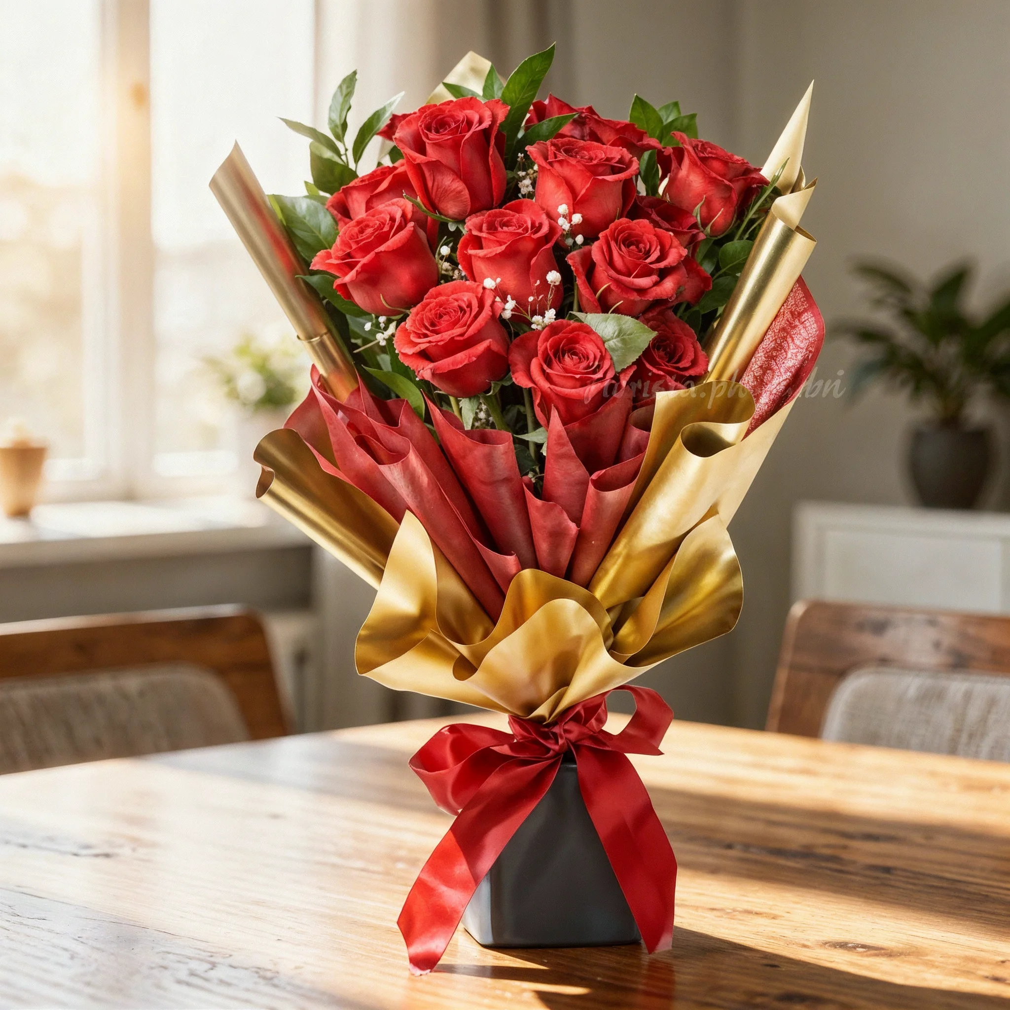 12 steam of red roses with eucalyptus