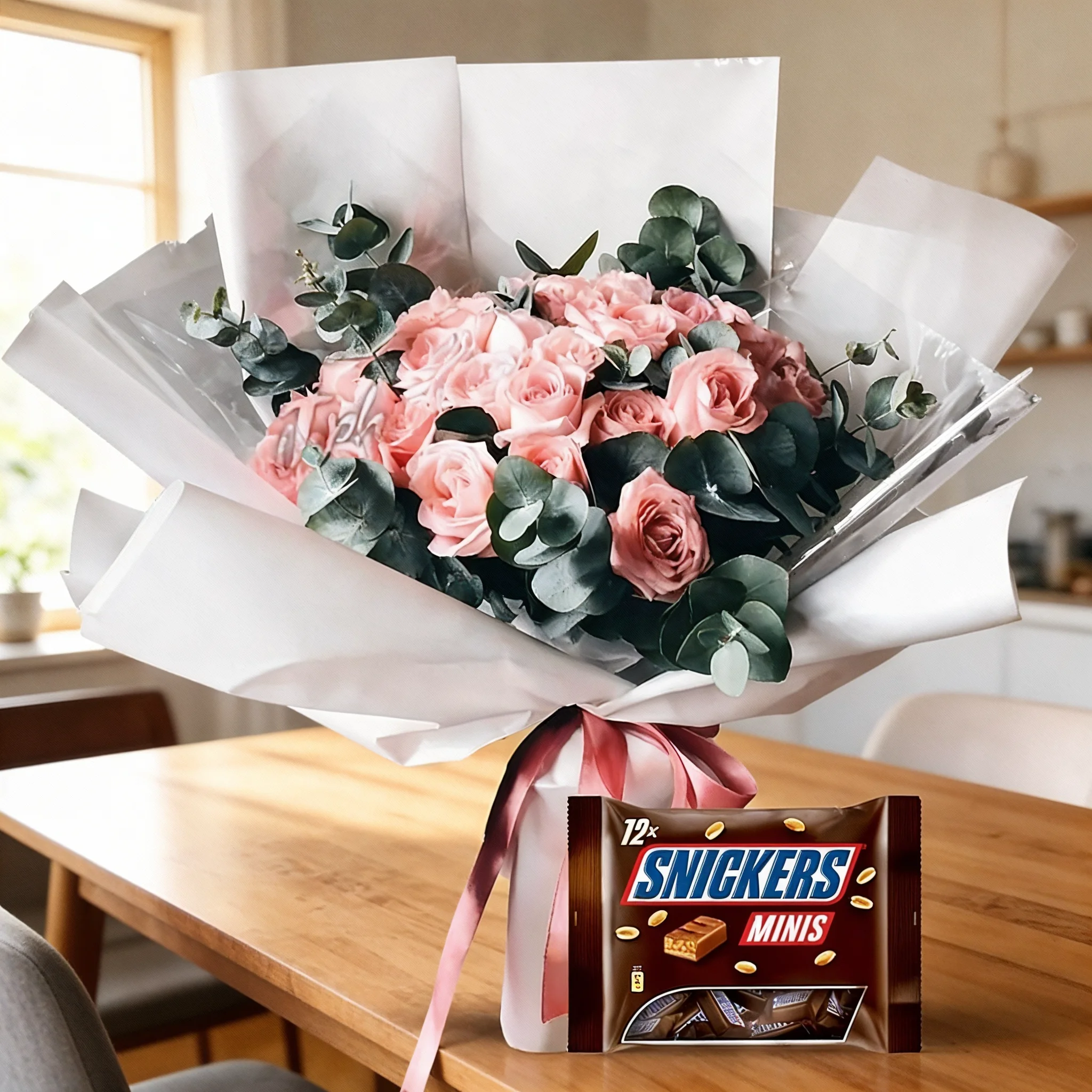 Peach roses bouquet with snickers chocolates