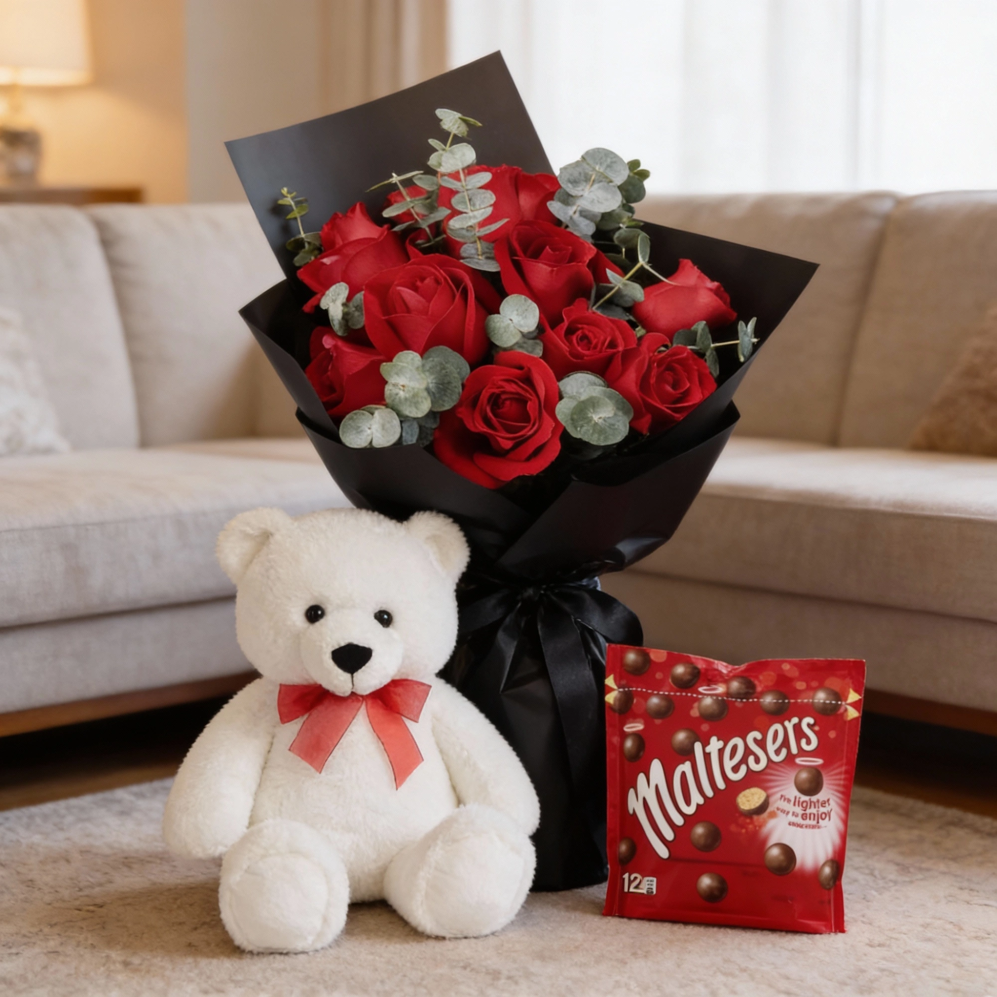 Beautiful Red Rose with Chocolate & Teddy