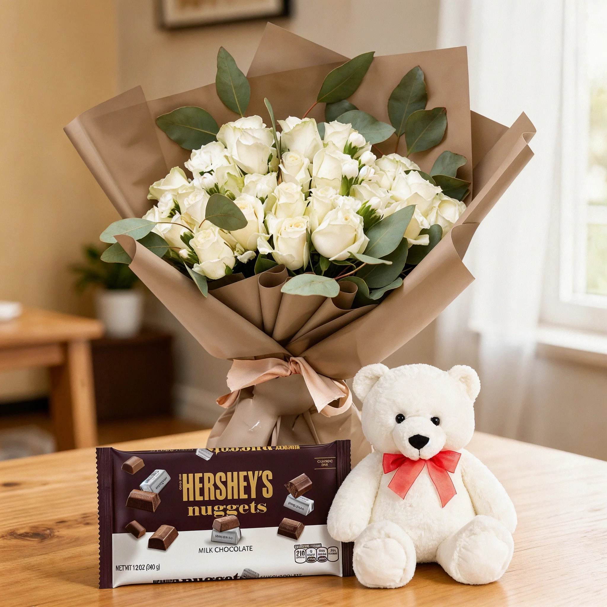 Bouquet of white Roses with Chocolate & Teddy