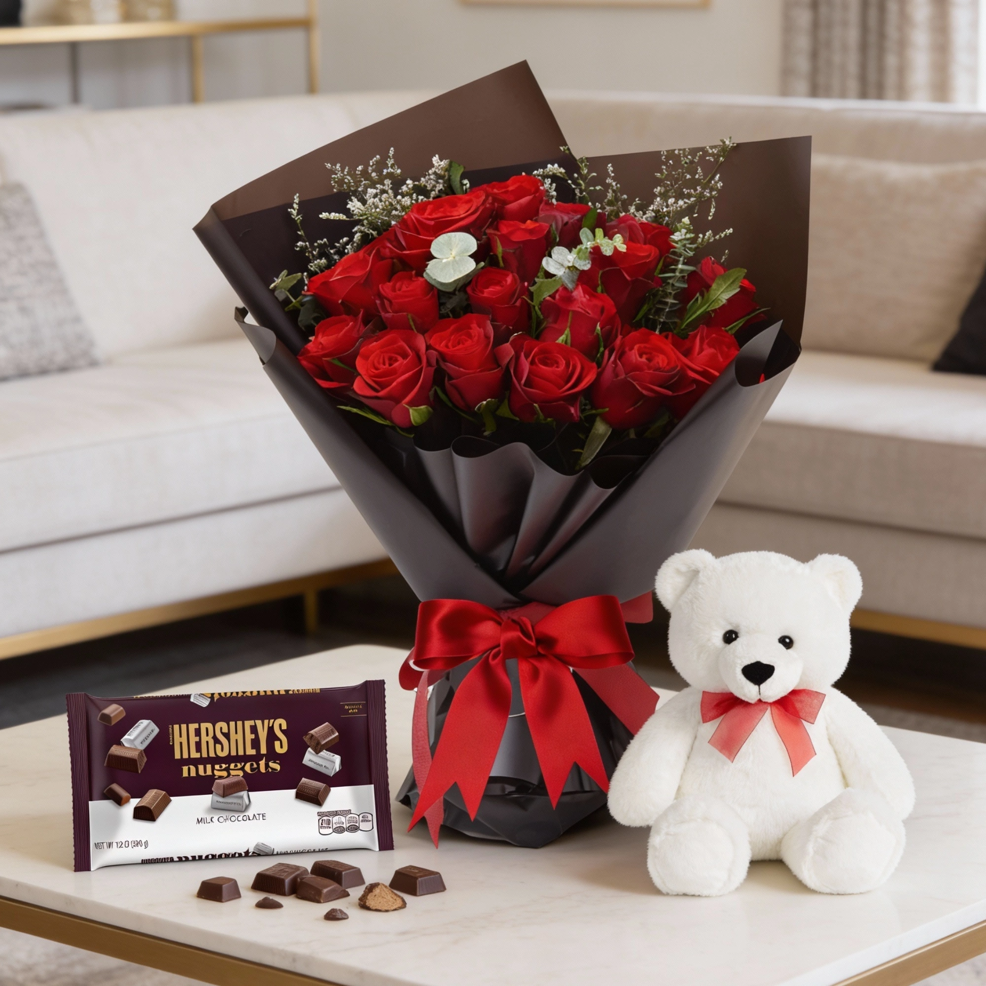 red roses bouquet with teddy and chocolate
