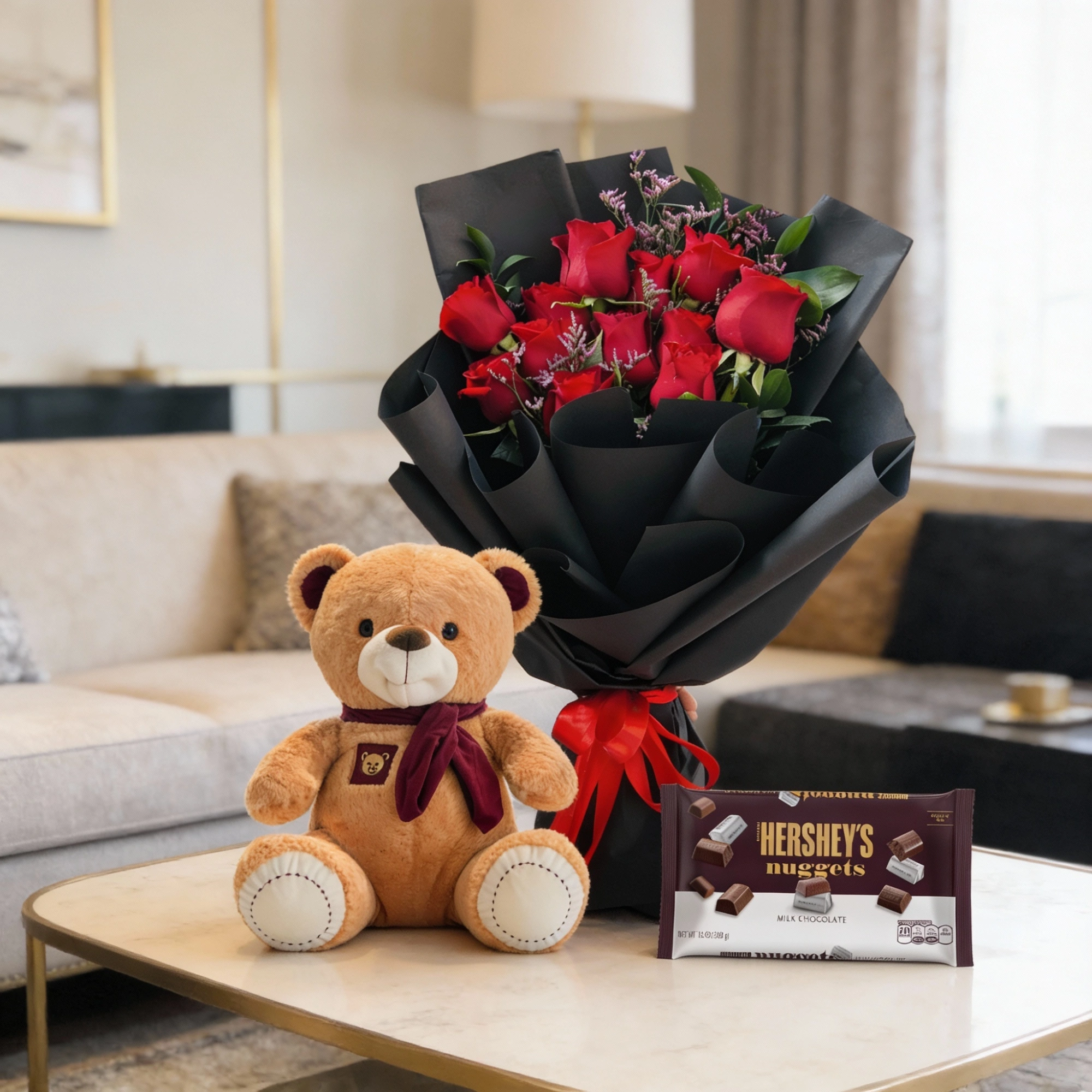 red roses with teddy and chocolate