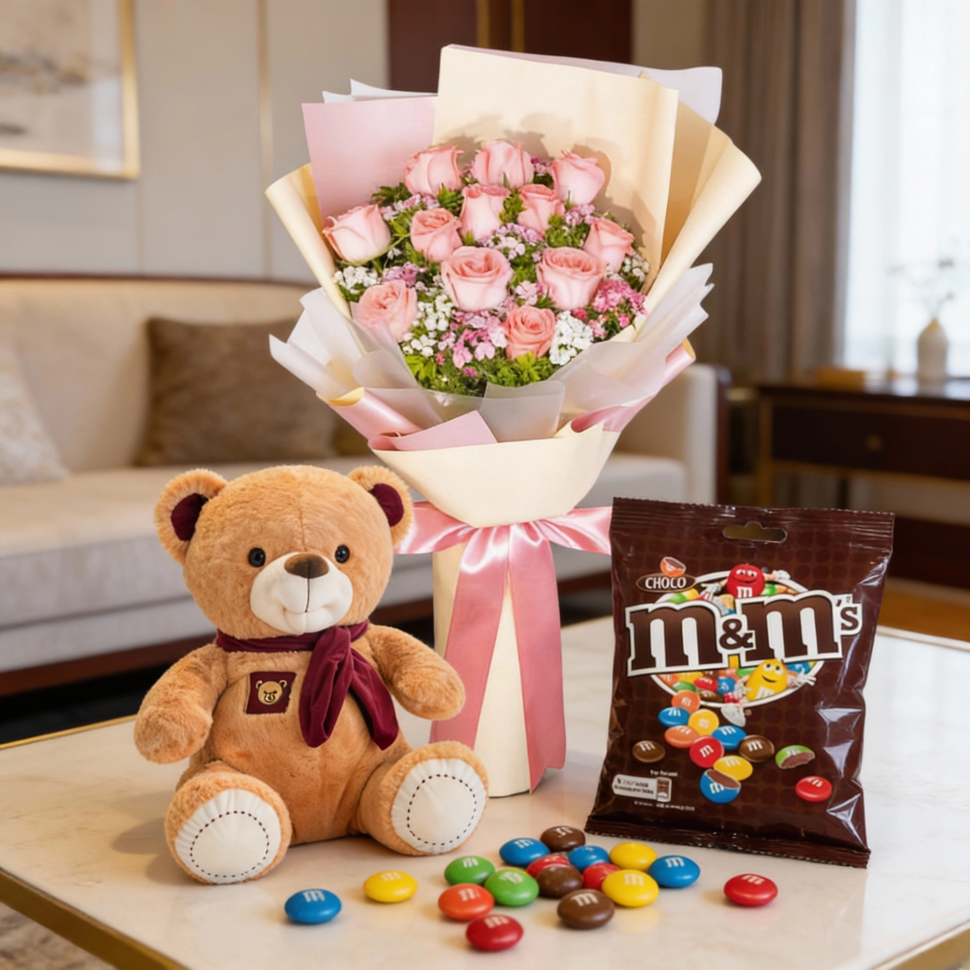 Pink rose bouquet with teddy and chocolate