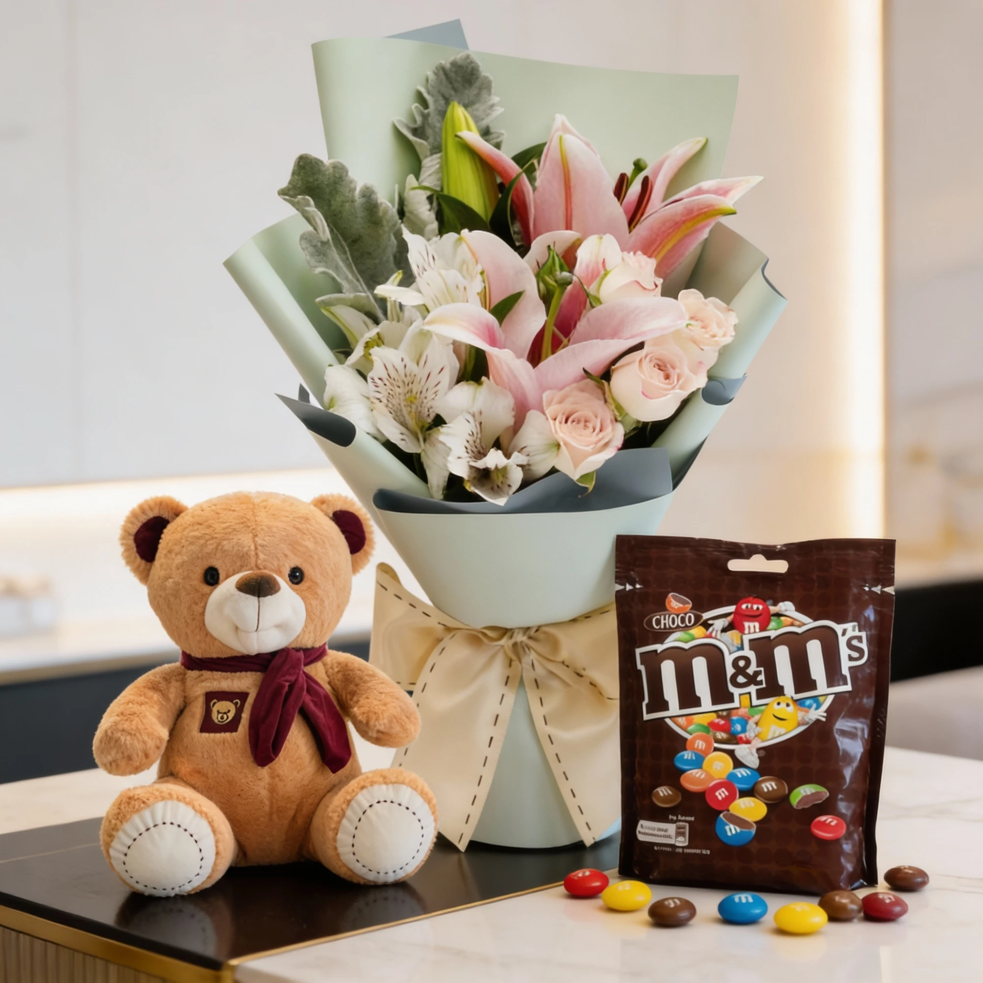 Lilies and rose bouquet with teddy and chocolate