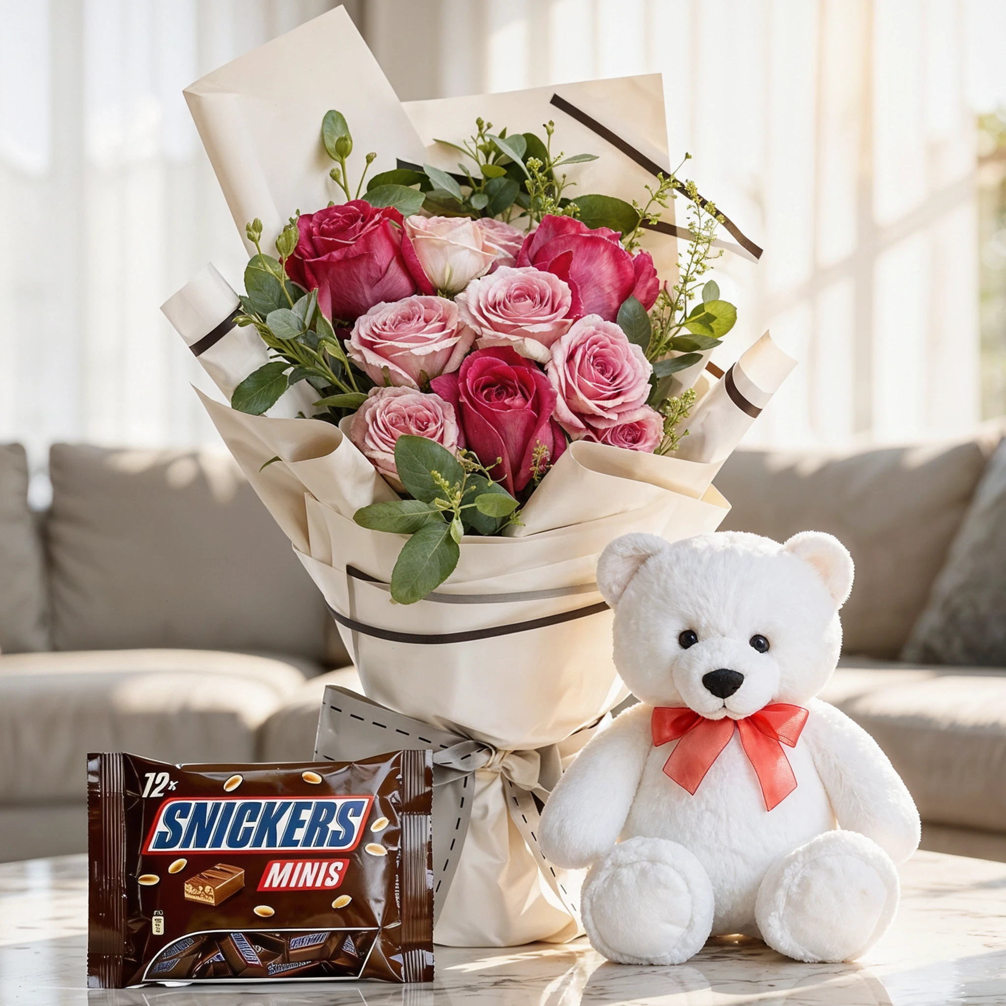 pink rose bouquet with teddy and chocolate