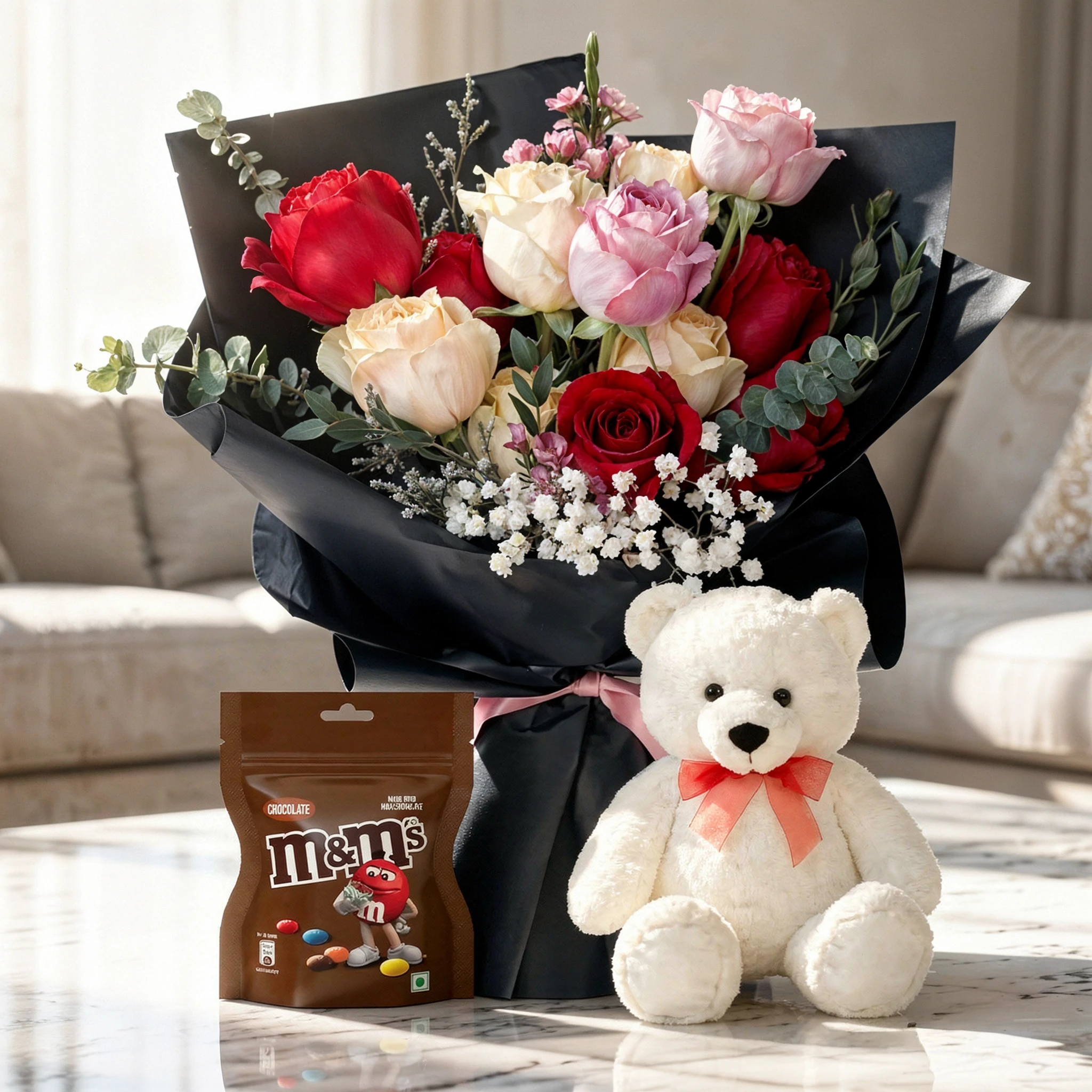 Mixed rose bouquet with chocolate and teddy