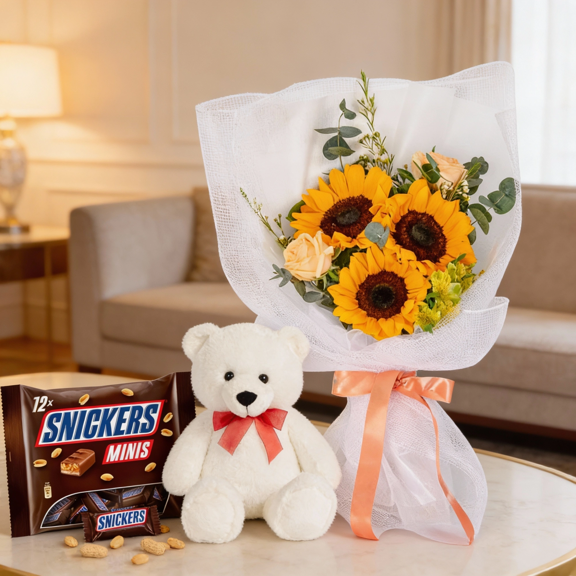 Sunflower with chocolates and teddy