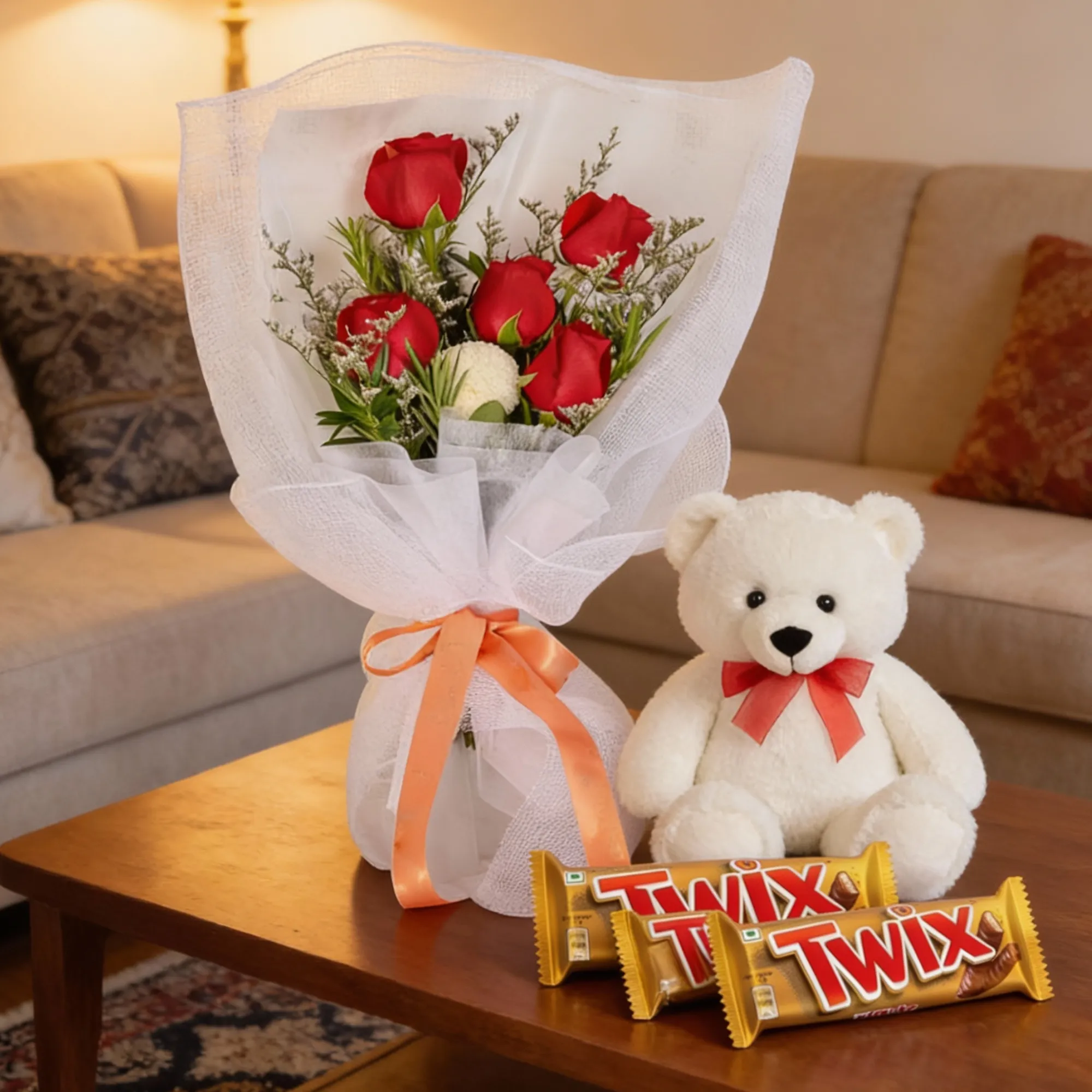 Rose bouquet with teddy and chocolate