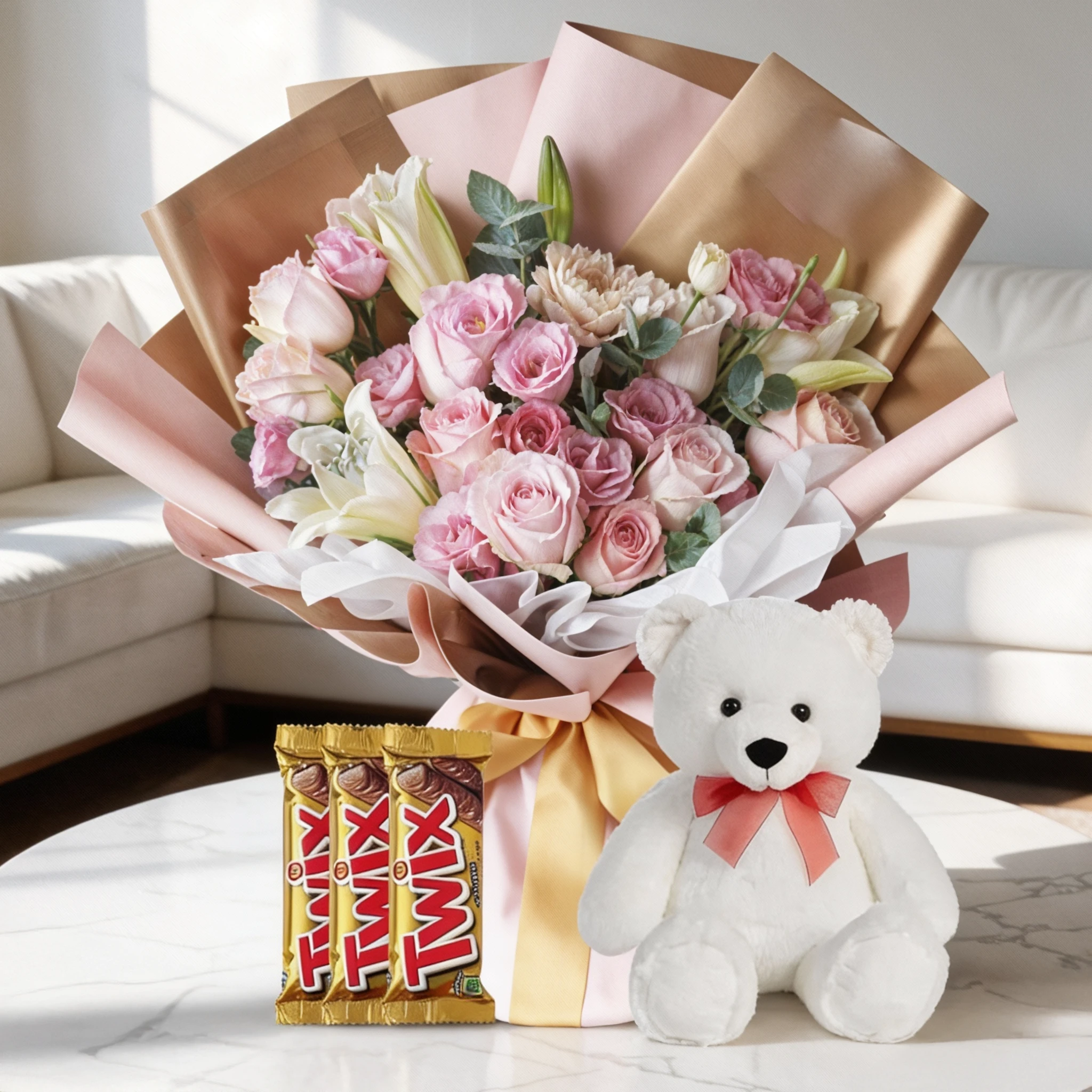Mixed lilies and roses with chocolate and teddy