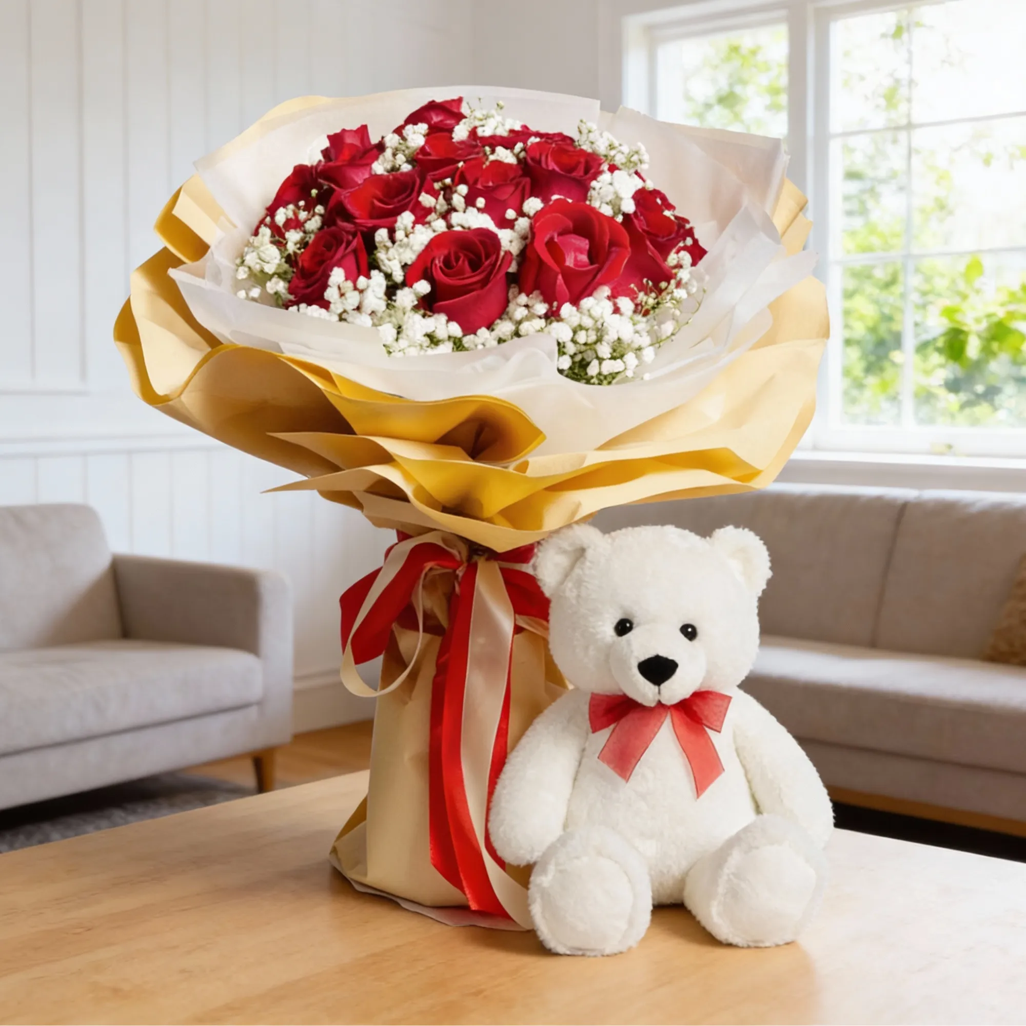 12 red roses bouquet with teddy