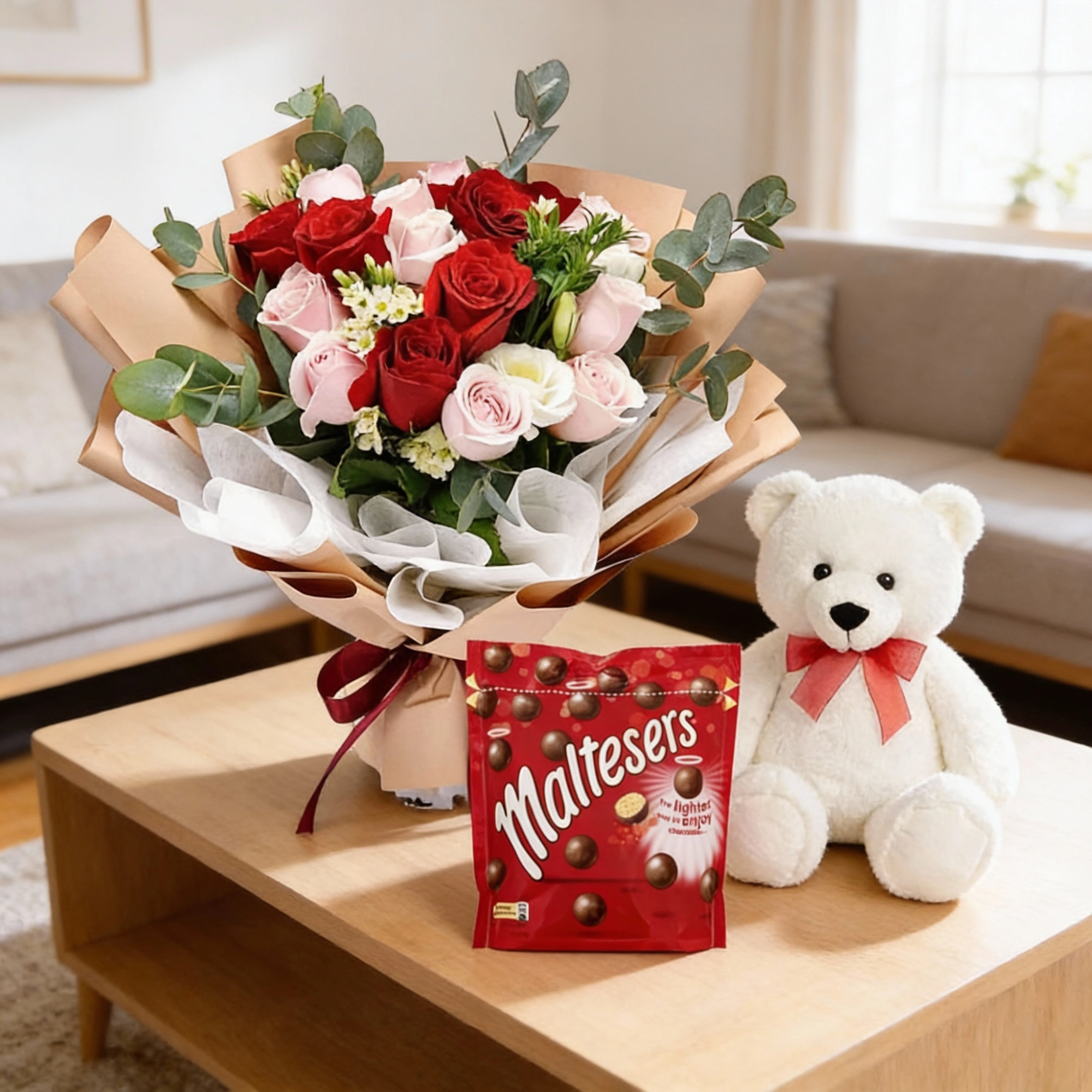 Pink and red roses with chocolate and teddy