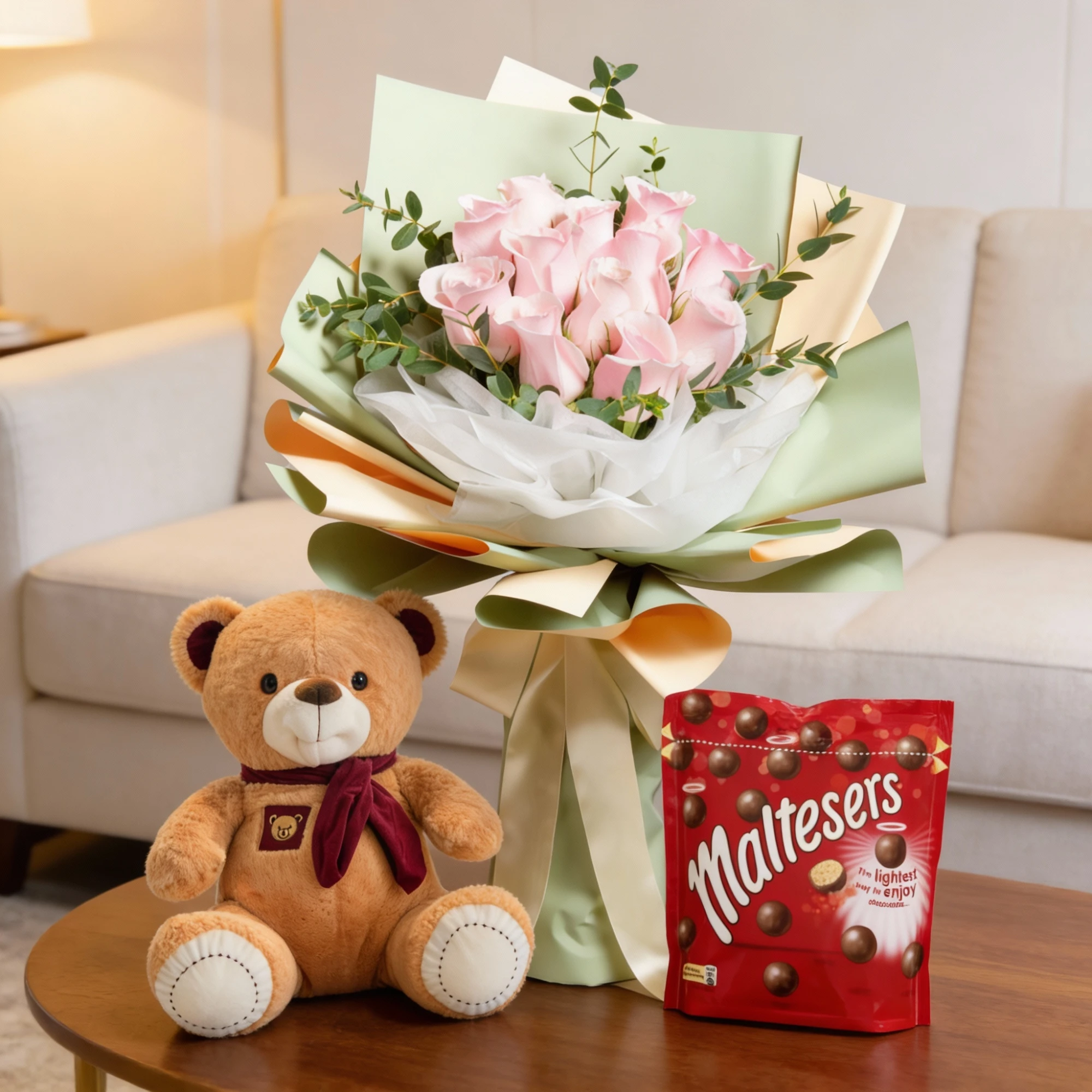 Pink roses bouquet with roses and chocolates