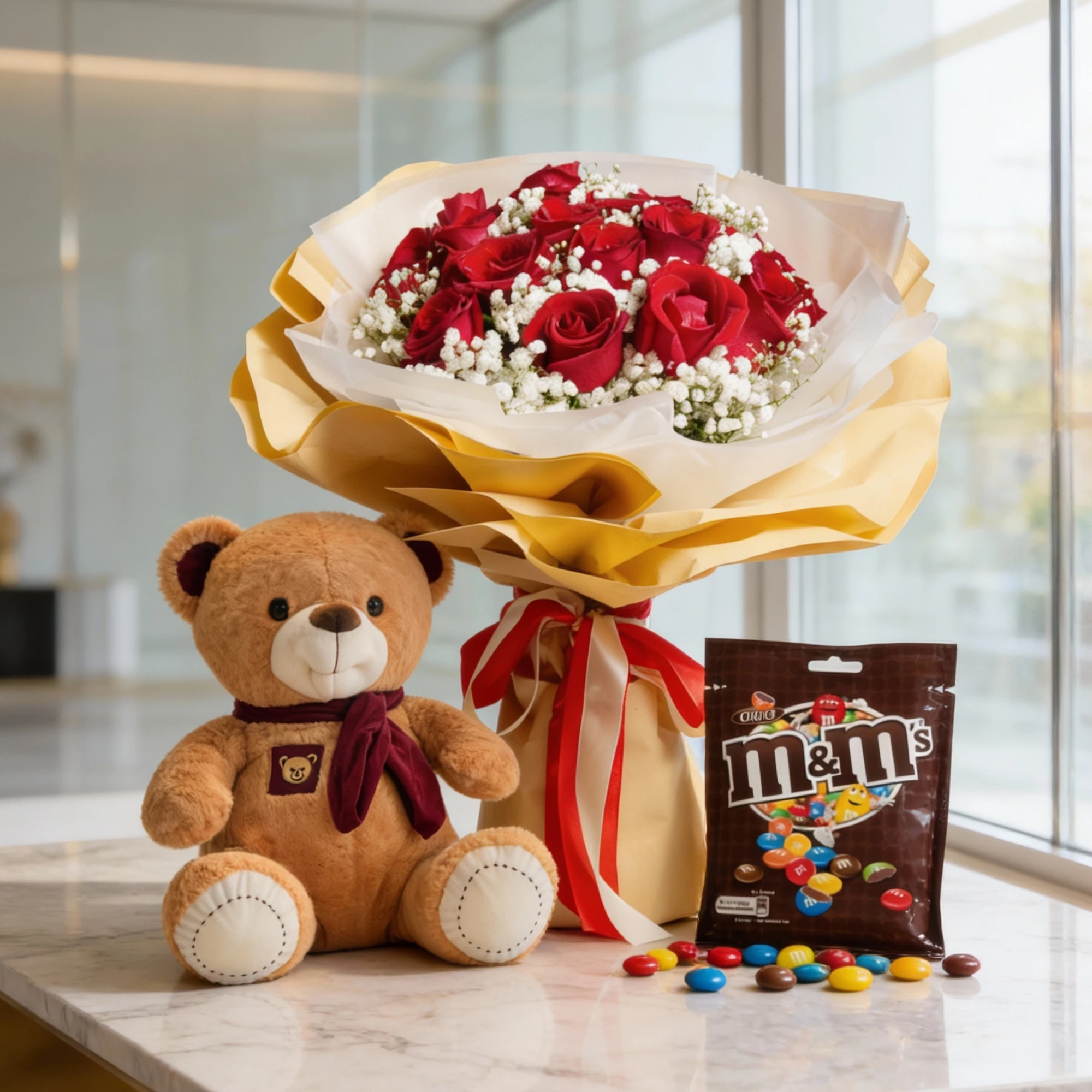 red roses bouquet with chocolate and teddy