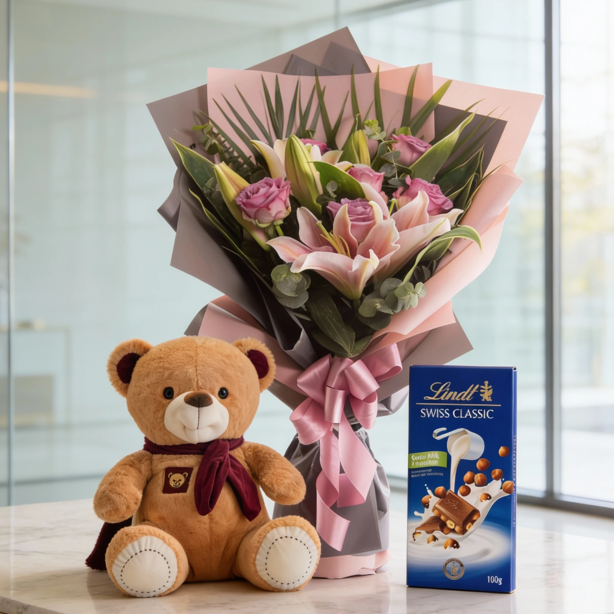 rose and lily bouquet with chocolate and teddy