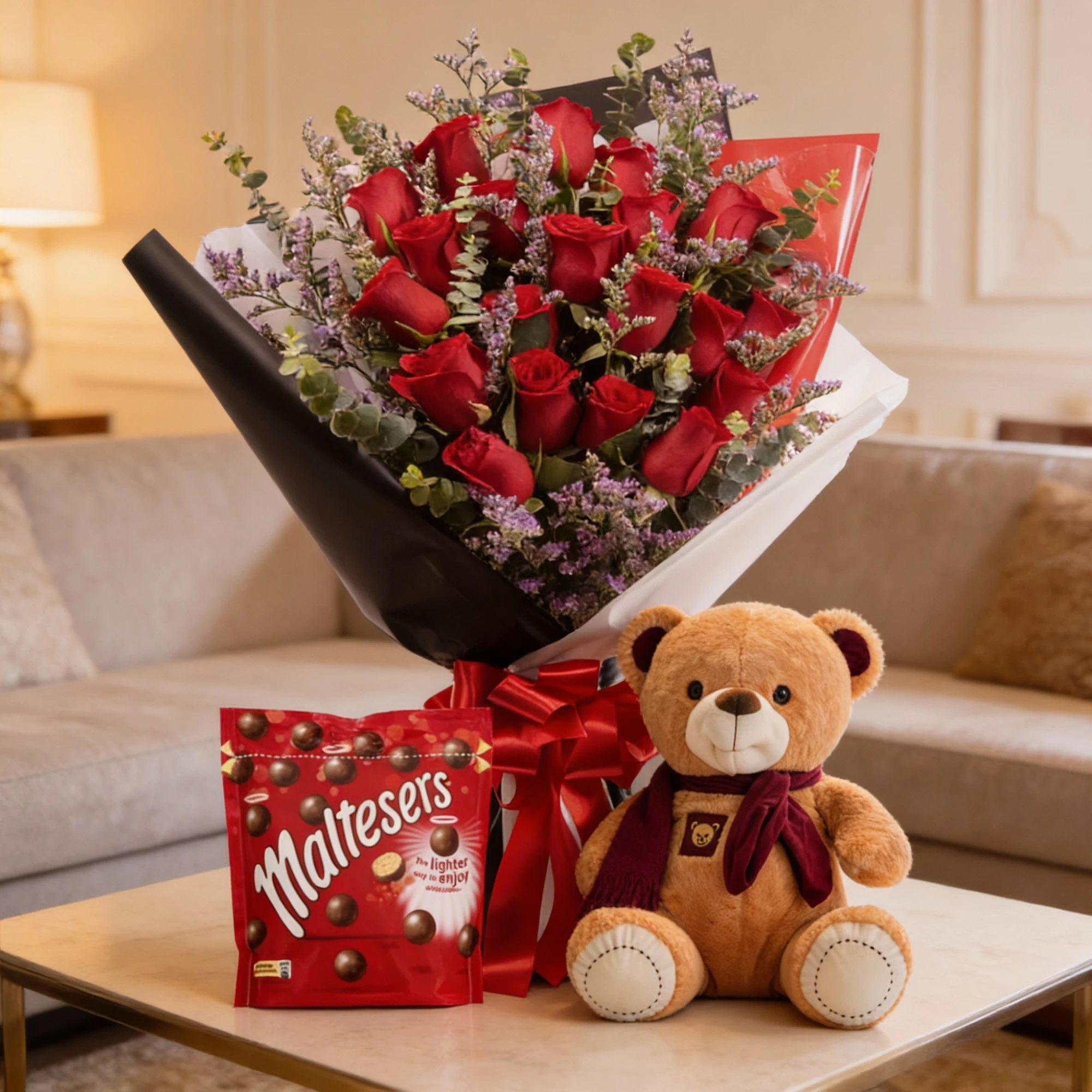bouquet of roses with chocolate and teddy