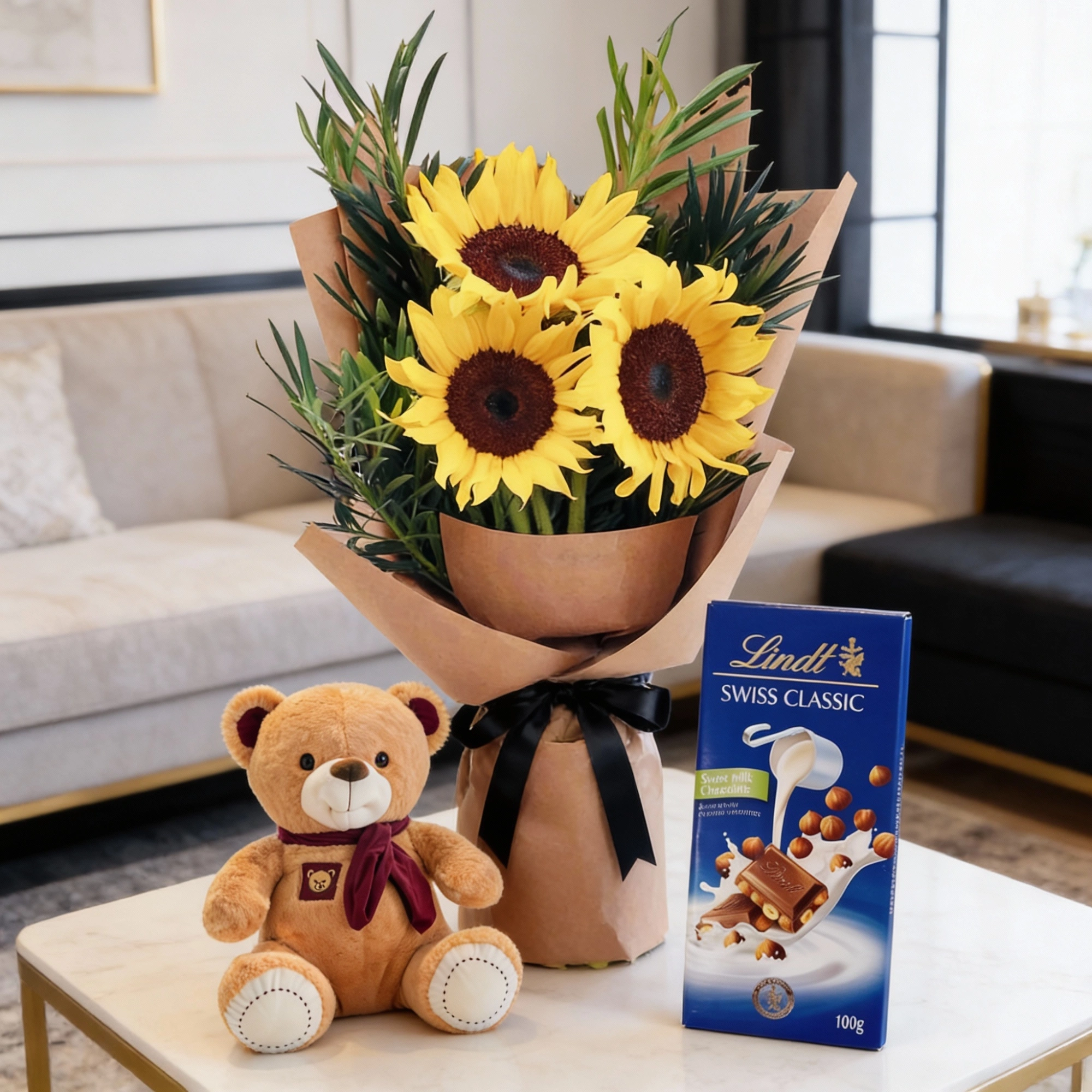 sunflower bouquet with chocolate and teddy
