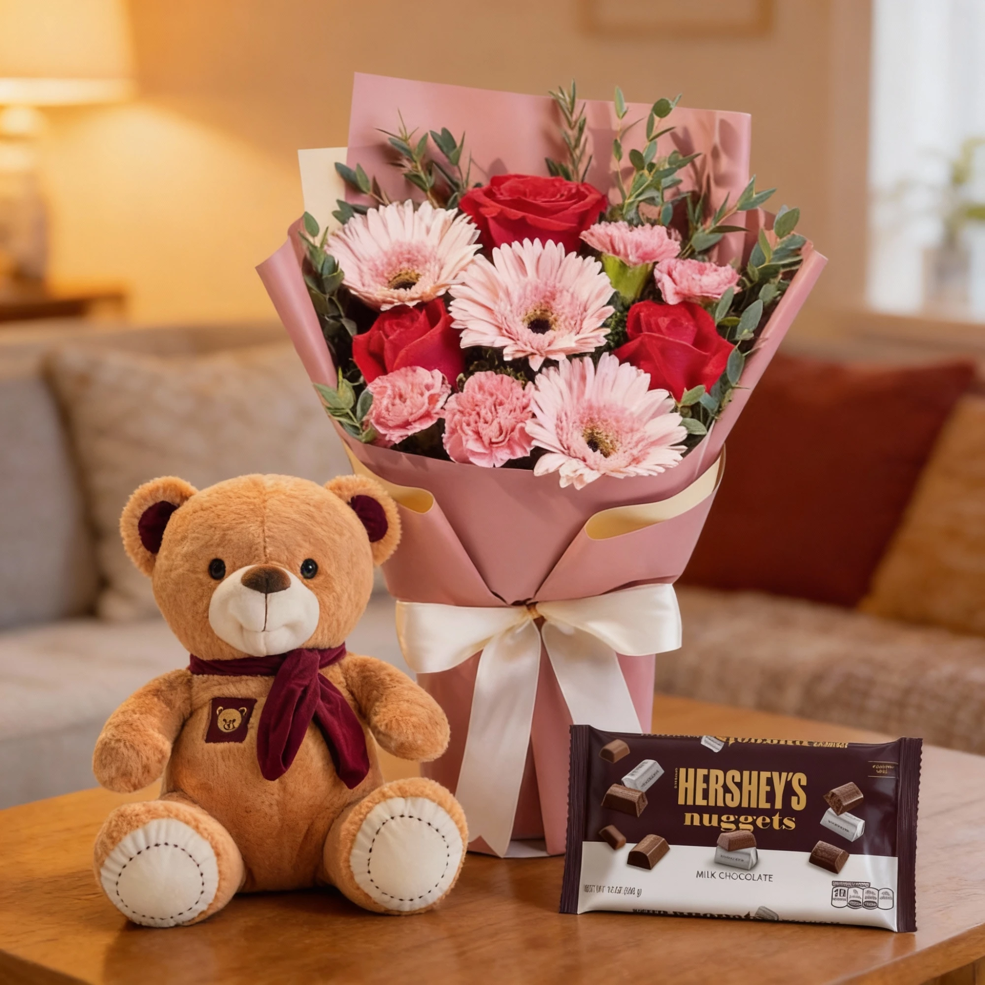 Pink roses with chocolates and teddy