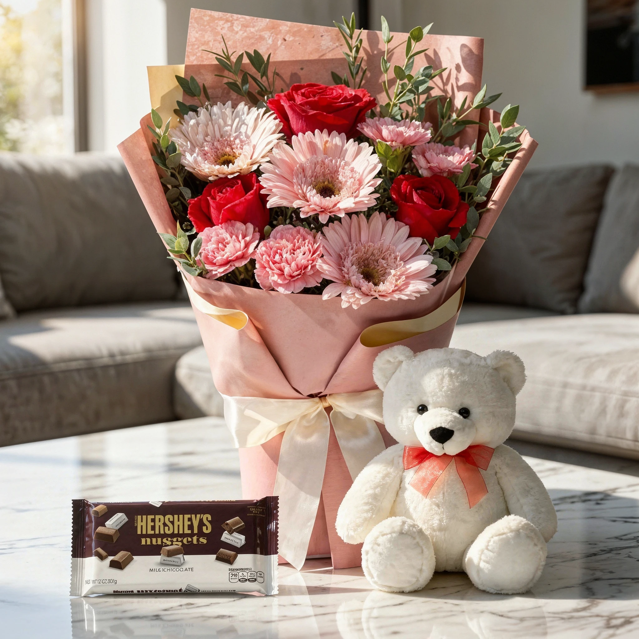 Mixed flowers bouquet with chocolate and teddy
