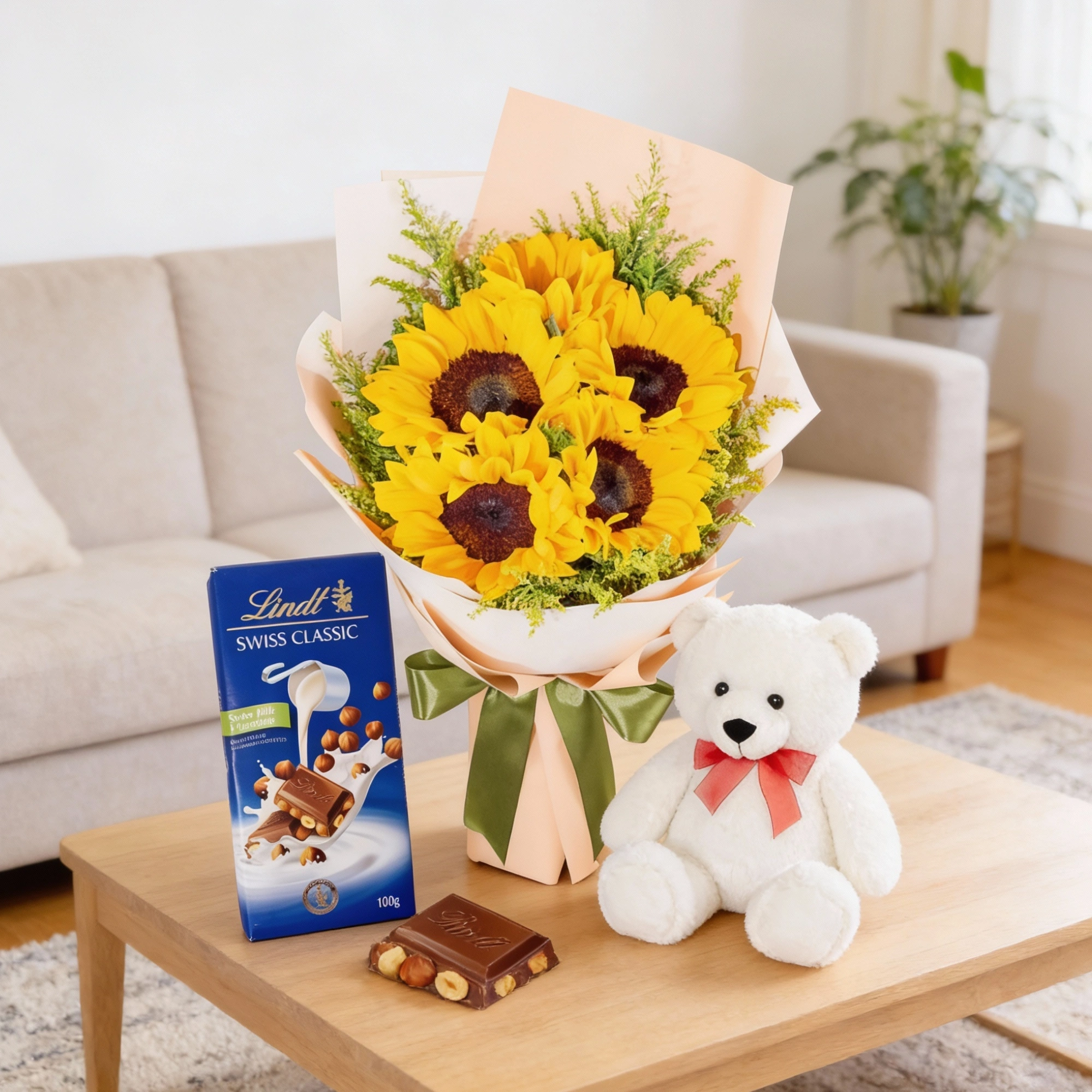 5 sunflowers with chocolate and a teddy