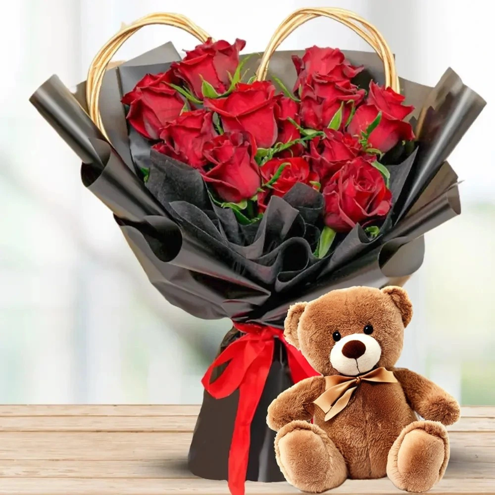 10 Red Roses & 15 Inch Teddy Bear