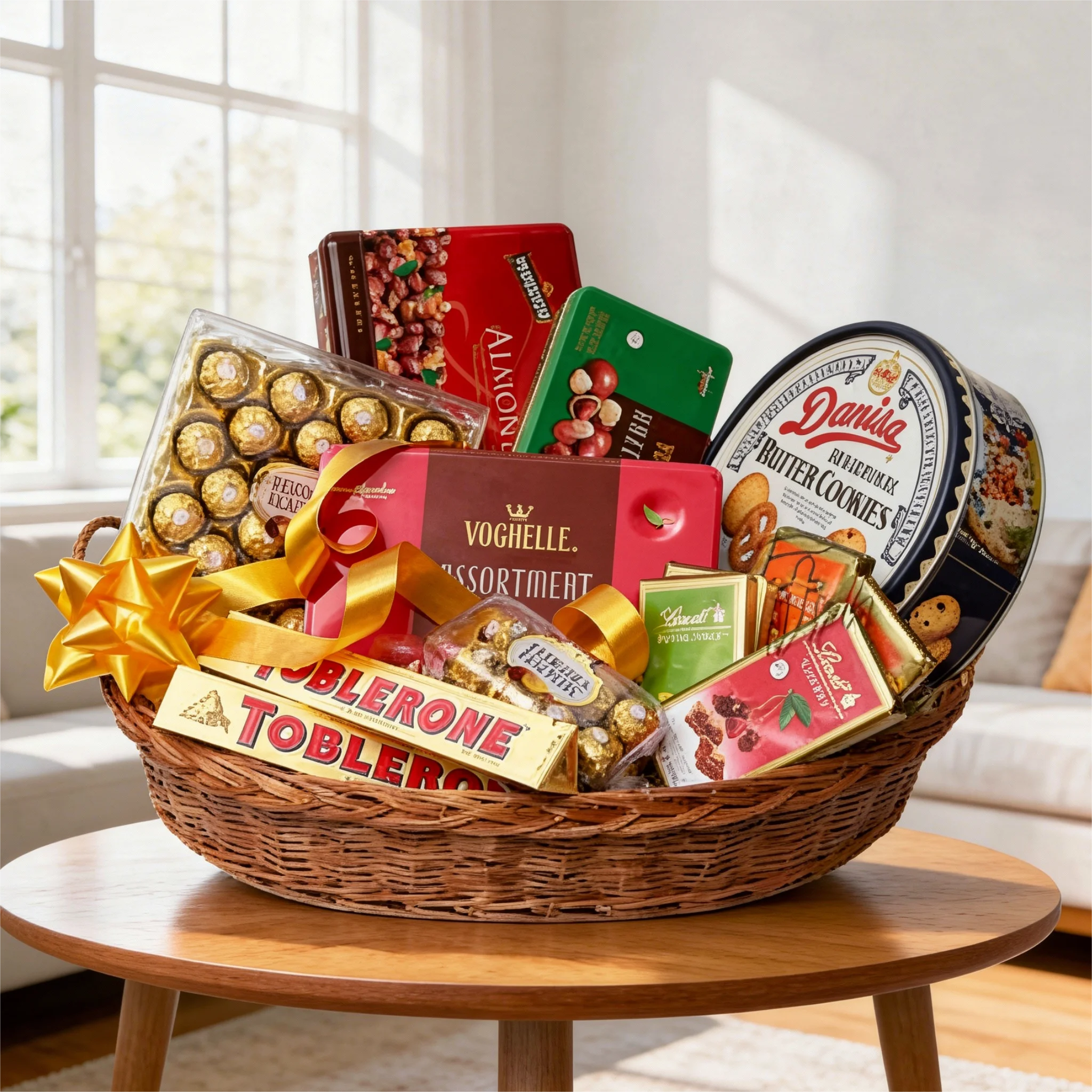Luxury basket of assorted imported chocolates gift hamper.