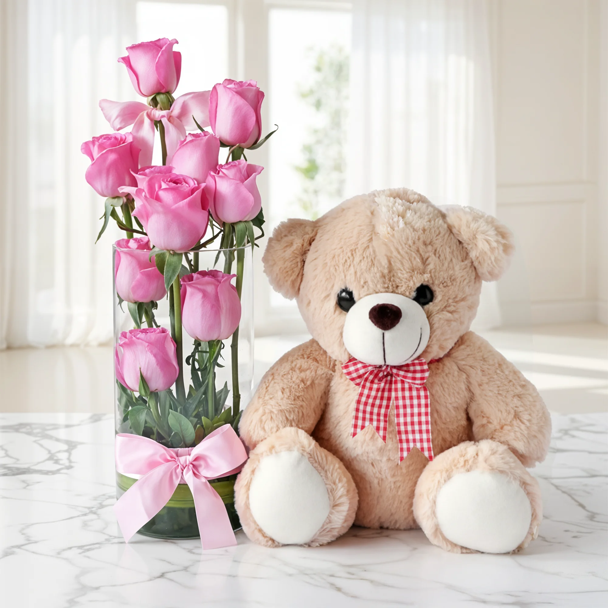 10 pink roses in wase with teddy