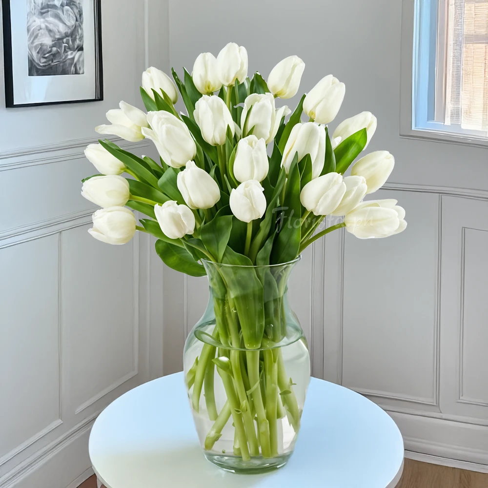 20 White Tulips in Glass Vase