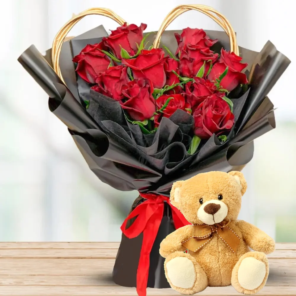 10 Red Roses & 15 Inch Teddy Bear