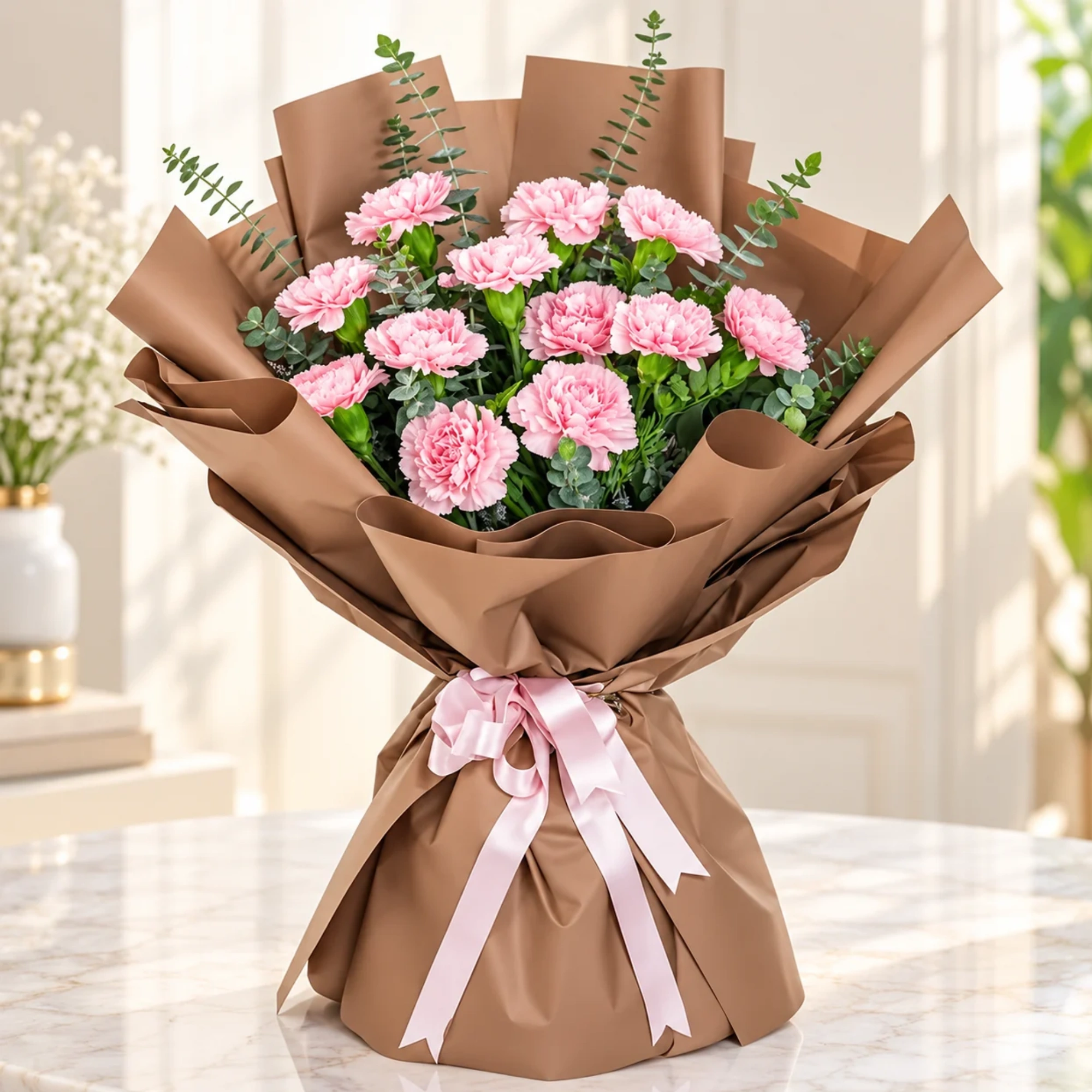10 Pink Carnations with fillers in paper packing and pink ribbon
